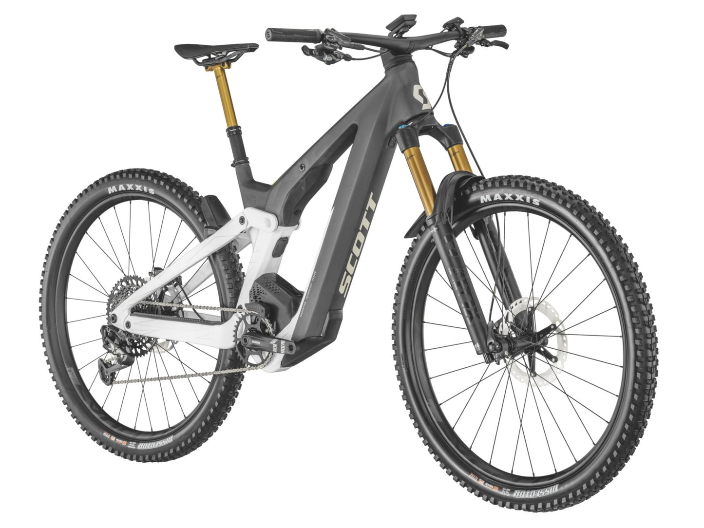 Scott Patron eRide 900 Tuned eMTB full suspension black white front side profile on Fly Rides