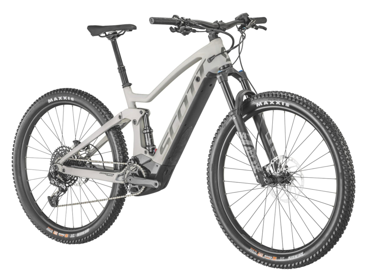 Scott Strike eRide 910 eMtb full suspension gray matte black front right side profile on Fly Rides
