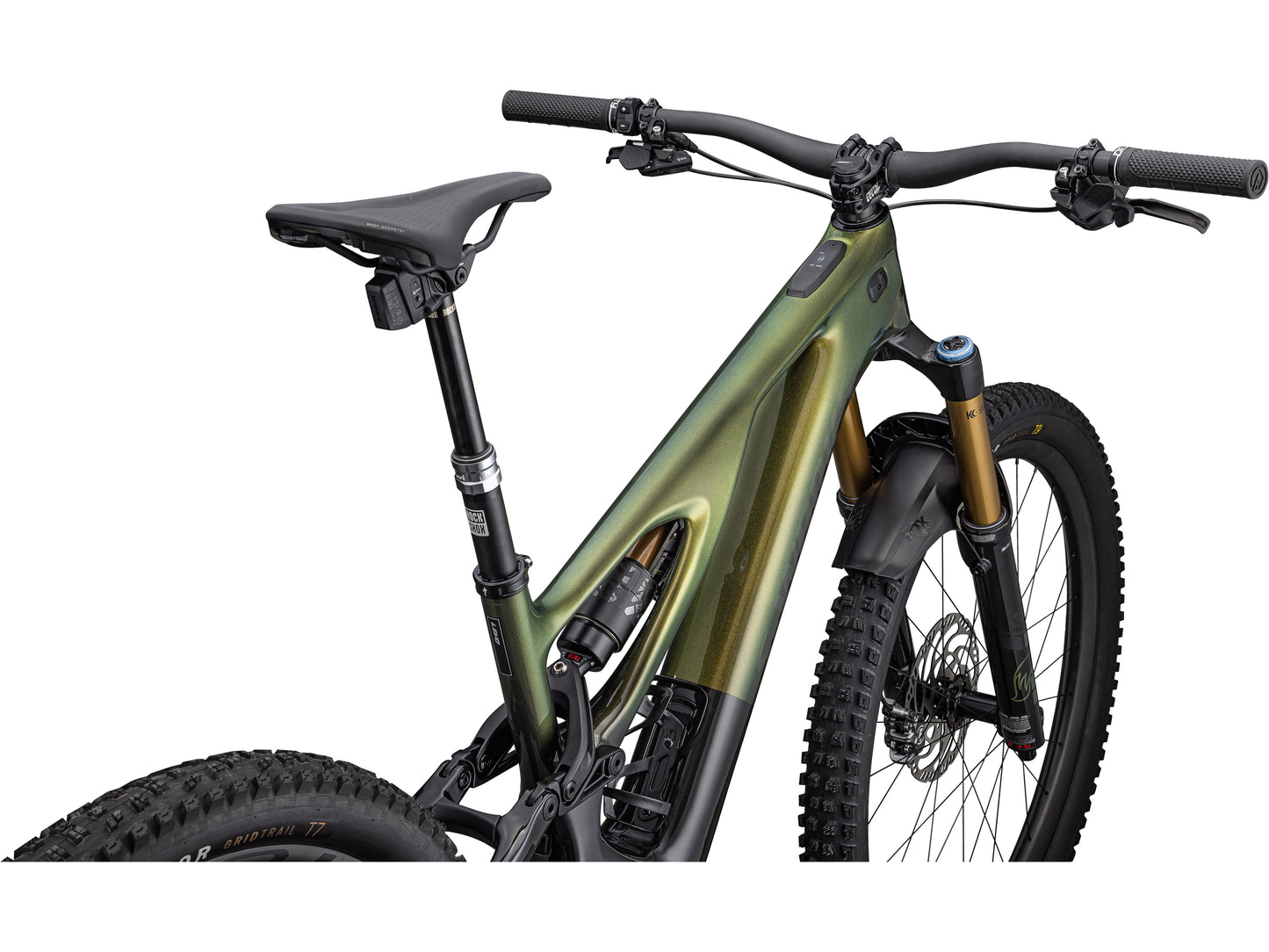 Specialized S-Works Turbo Levo eMTB full suspension GOLD PEARL OVER CARBON closeup back right side profile