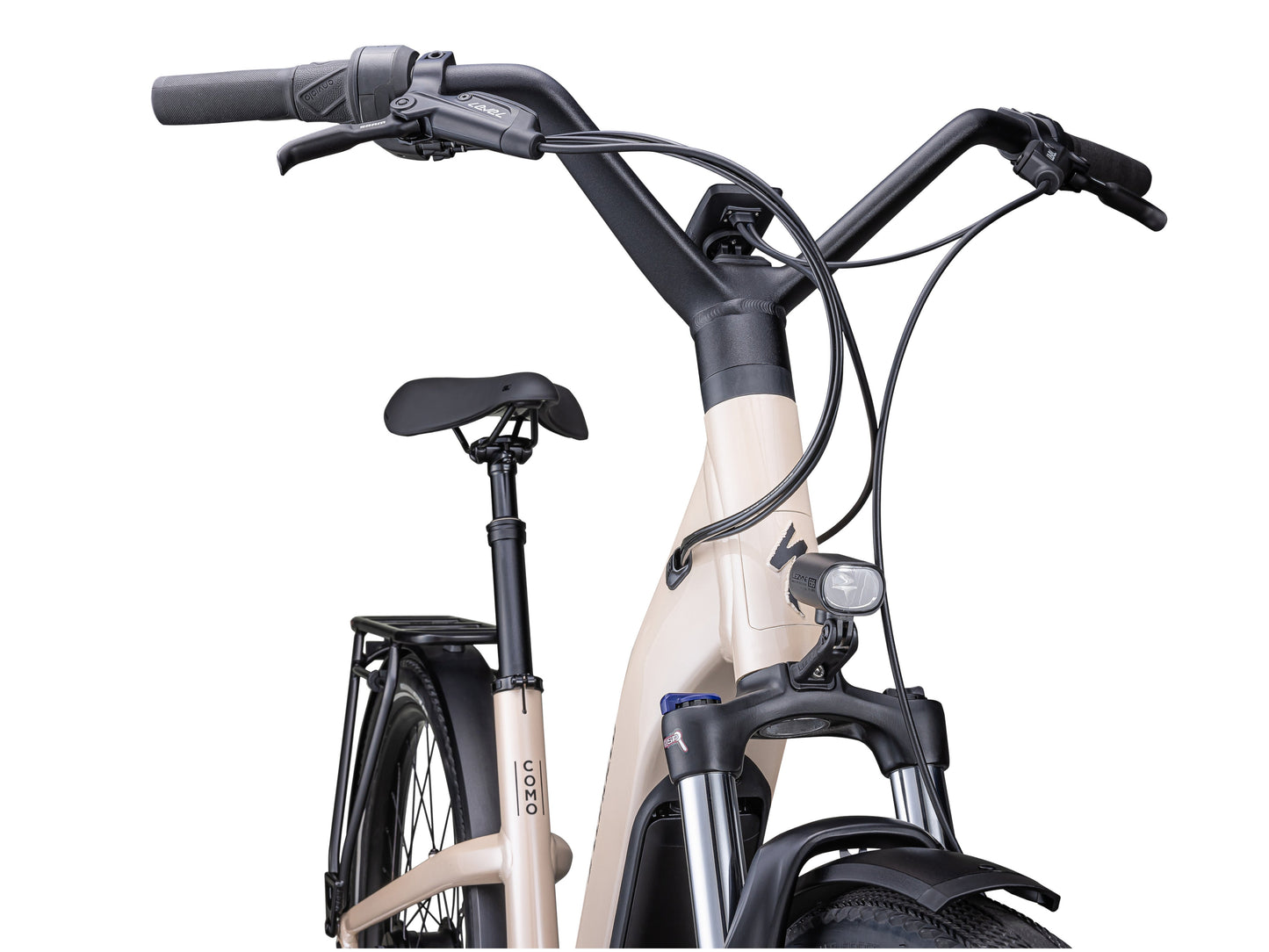 Specialized Turbo Como 4.0 IGH eMTB hard tail sand black close up headlight handlebars front frame