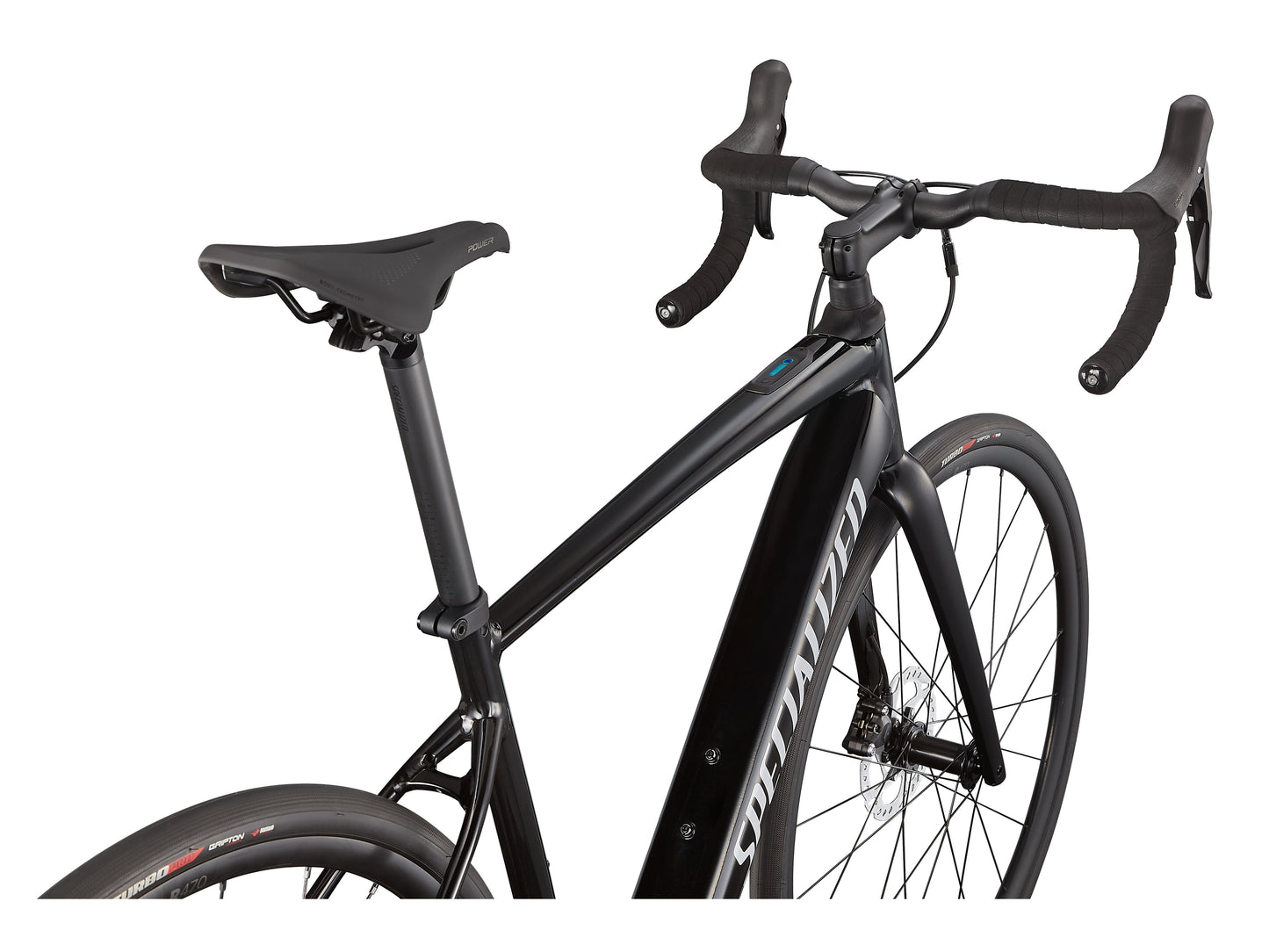 Specialized Turbo Creo SL Comp E5 eMTB Tarmac Black White Silver closeup right side profile on Fly Rides