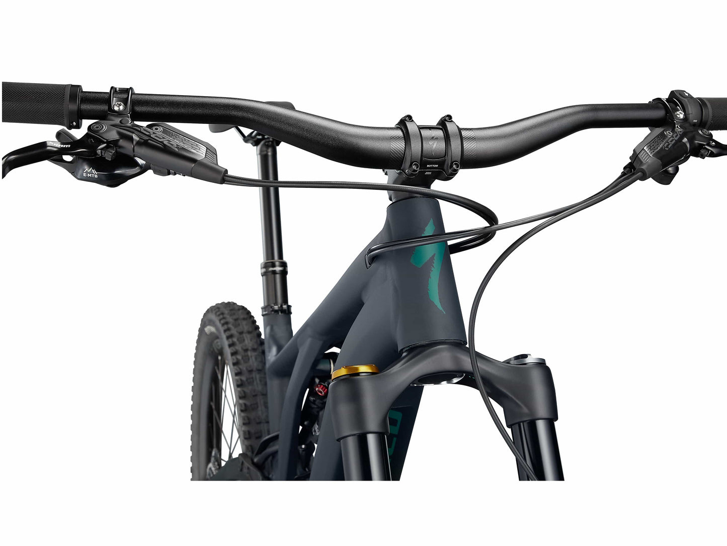 Specialized Turbo Kenevo Comp emtb full suspension forest green close up headset on Fly Rides