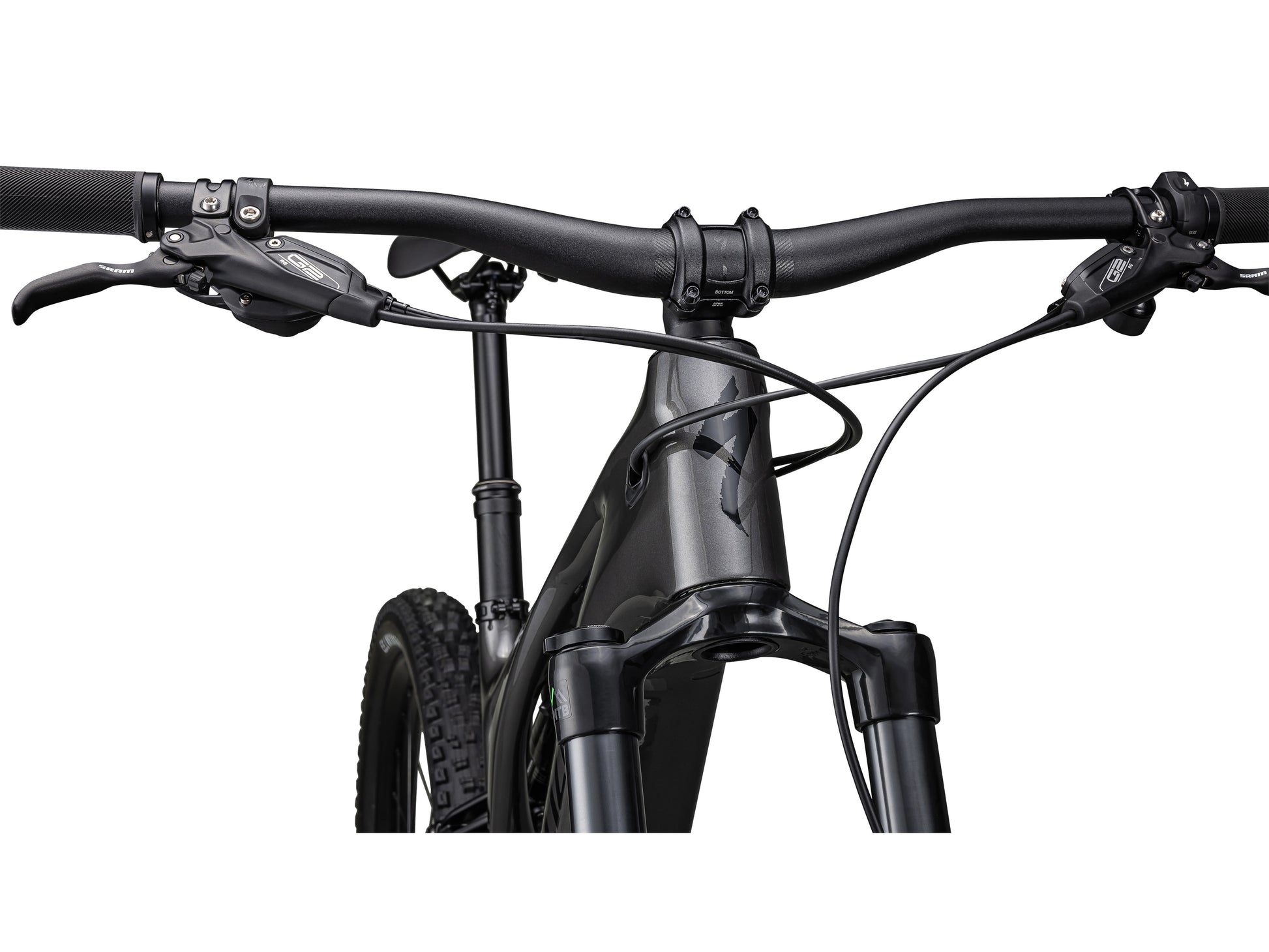 Specialized Turbo Levo Carbon eMtb full suspension closeup Rockshox 35 Silver 29 fork alloy handlebars