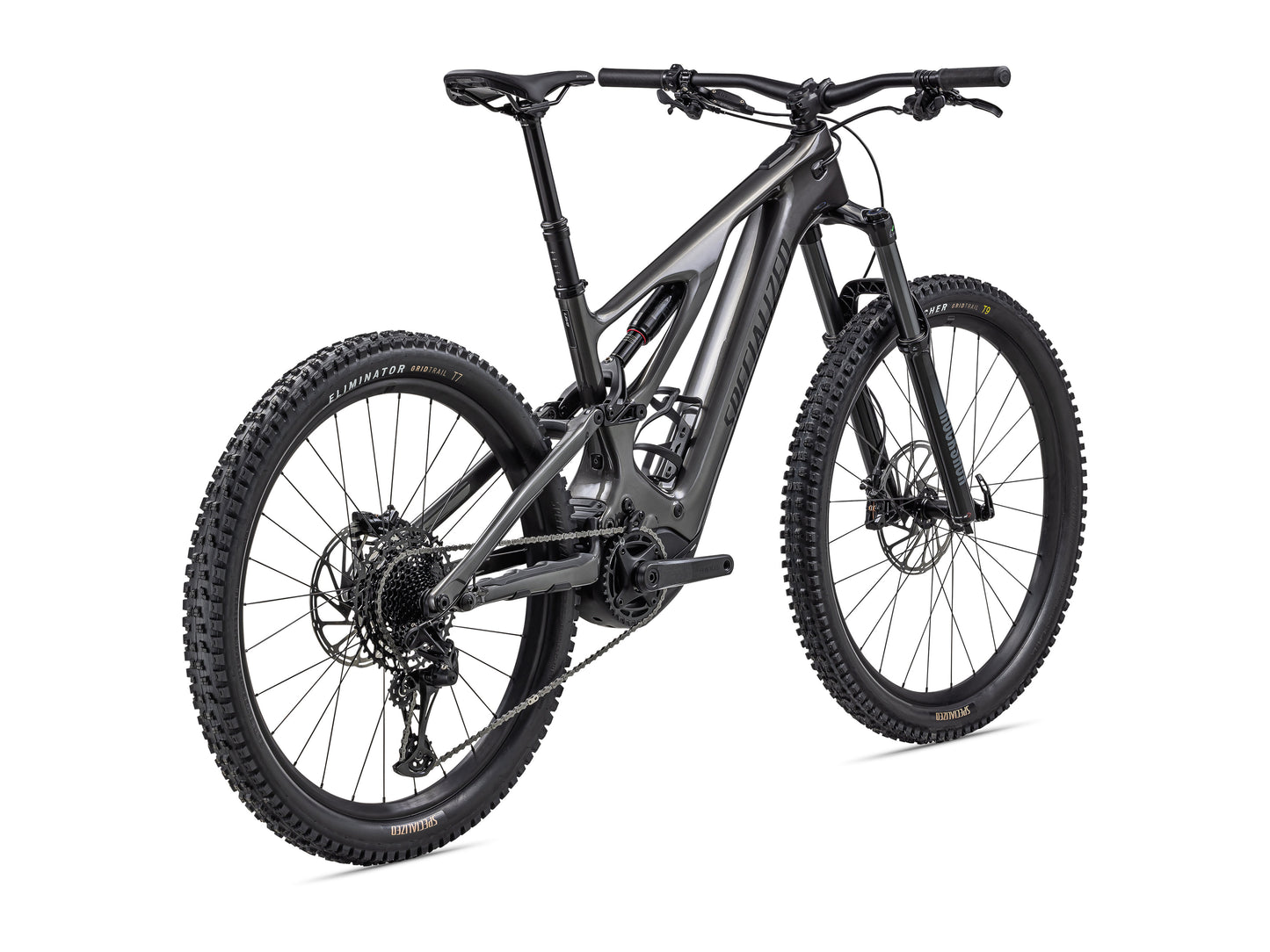 Specialized Turbo Levo Carbon eMtb full suspension smoke black back right side profile on Fly Rides