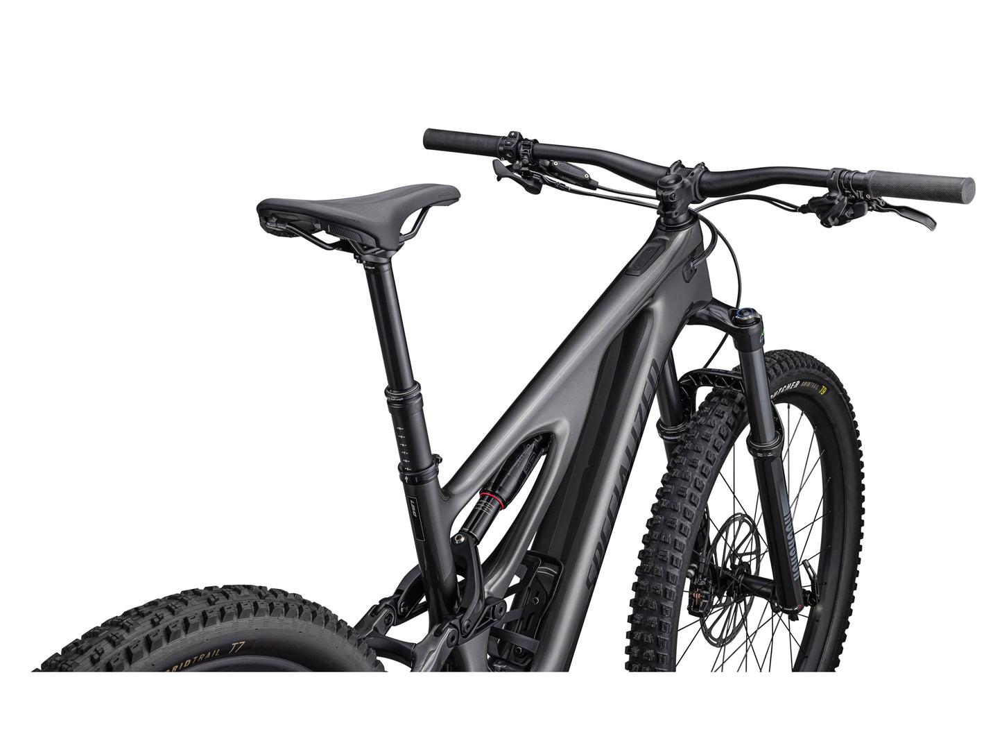 Specialized Turbo Levo Carbon eMtb full suspension smoke black closeup back right side profile on Fly Rides