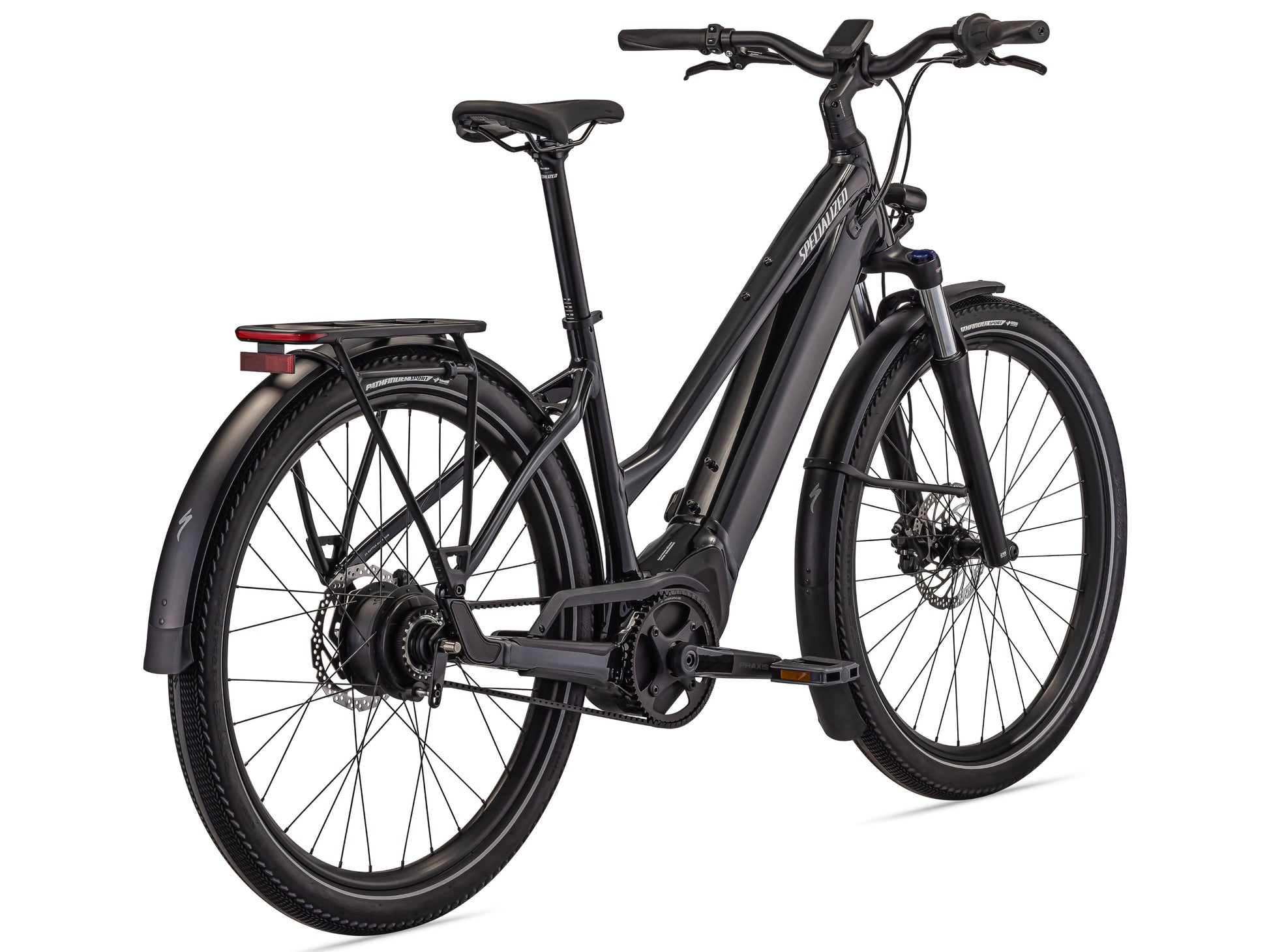 Specialized Turbo Vado 3.0 IGH Step-Through eMTB hardtail Cast black Silver reflective back right side view on Fly Rides