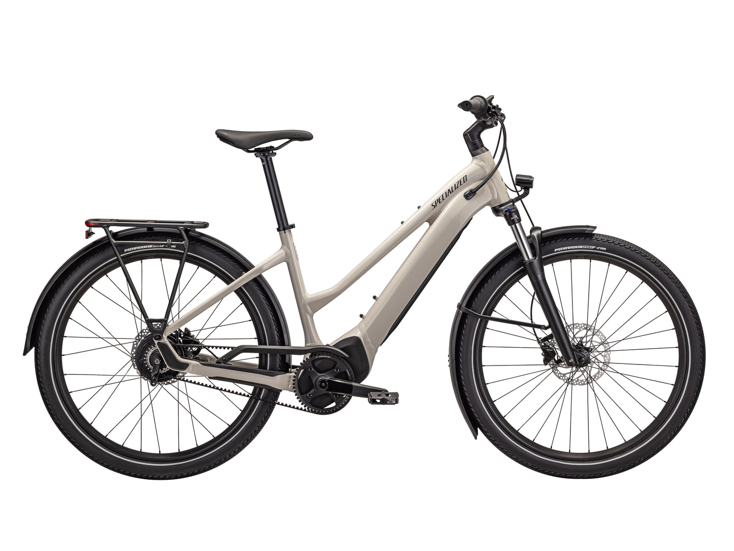 Specialized Turbo Vado 3.0 IGH Step-Through eMTB hardtail White mountains black reflective side view on Fly Rides