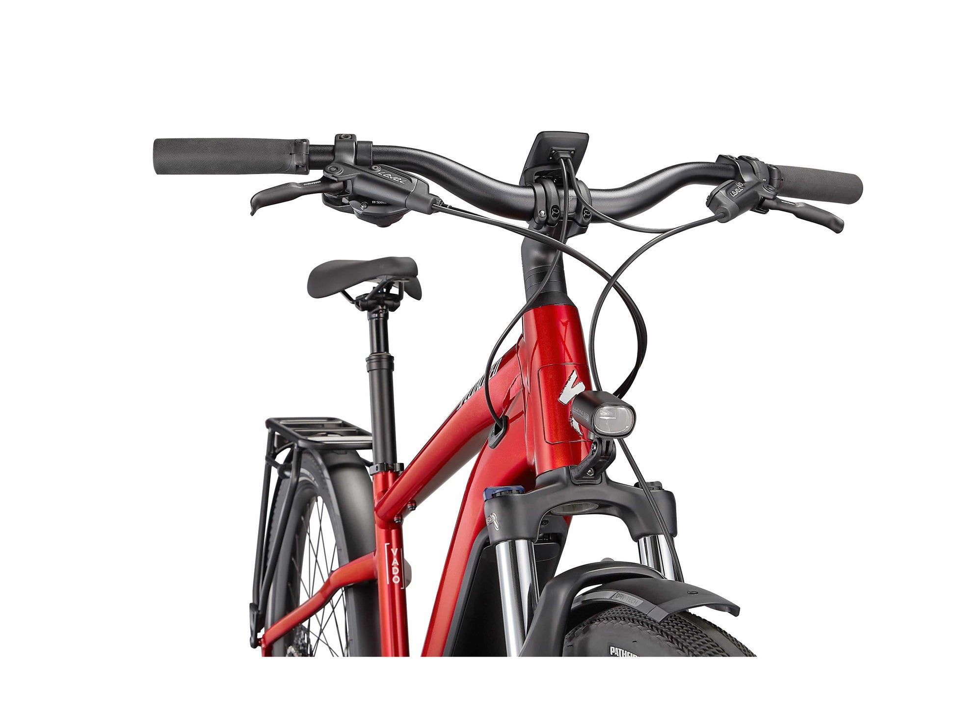 Specialized Turbo Vado 4.0 emtb hardtail red silver close up front view on Fly Rides