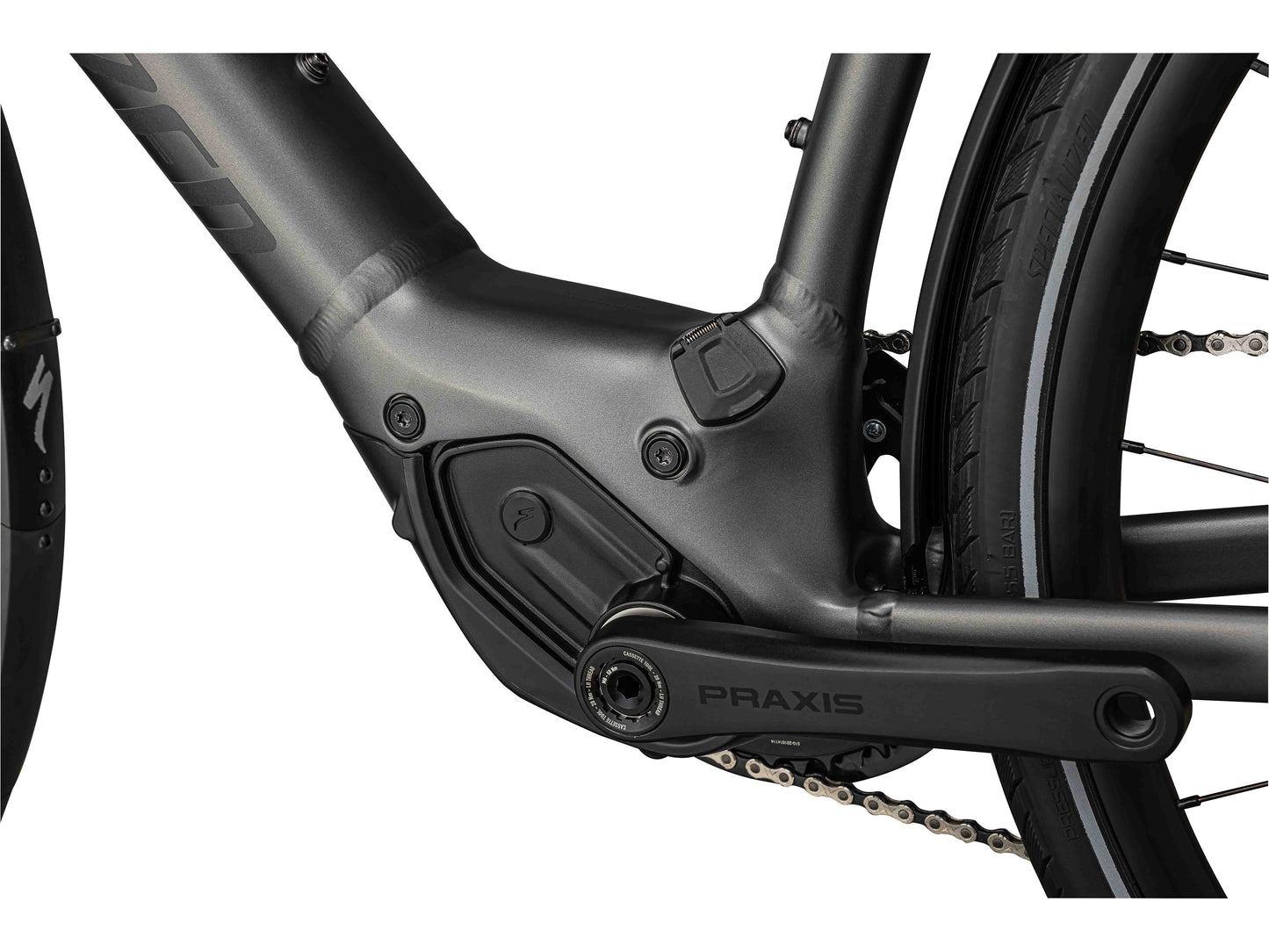 Specialized Turbo Vado SL 4.0 EQ eMTB Smoke Black Reflective closeup motor crankset