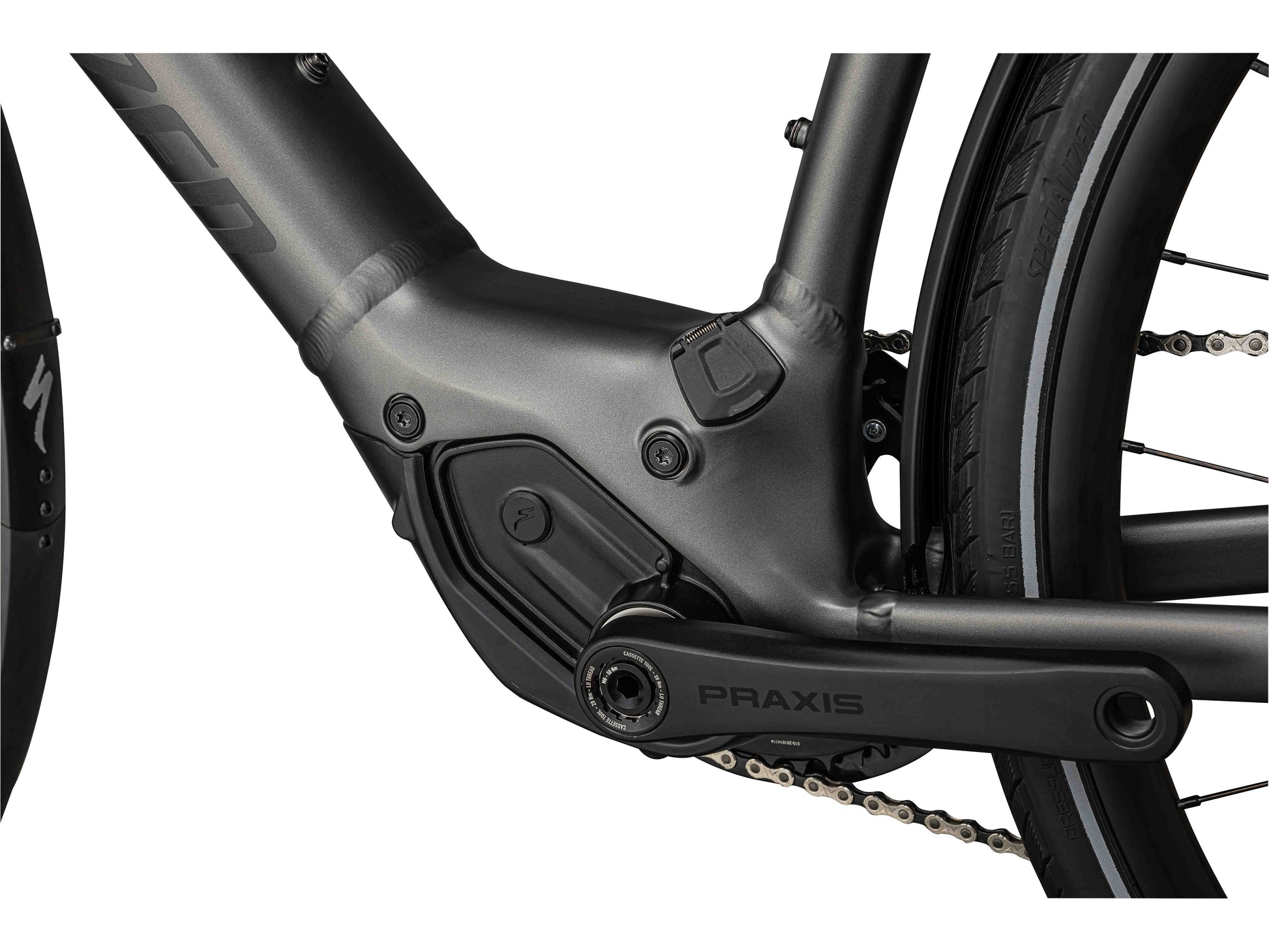 Specialized Turbo Vado SL 4.0 EQ eMTB Smoke Black Reflective closeup motor crankset