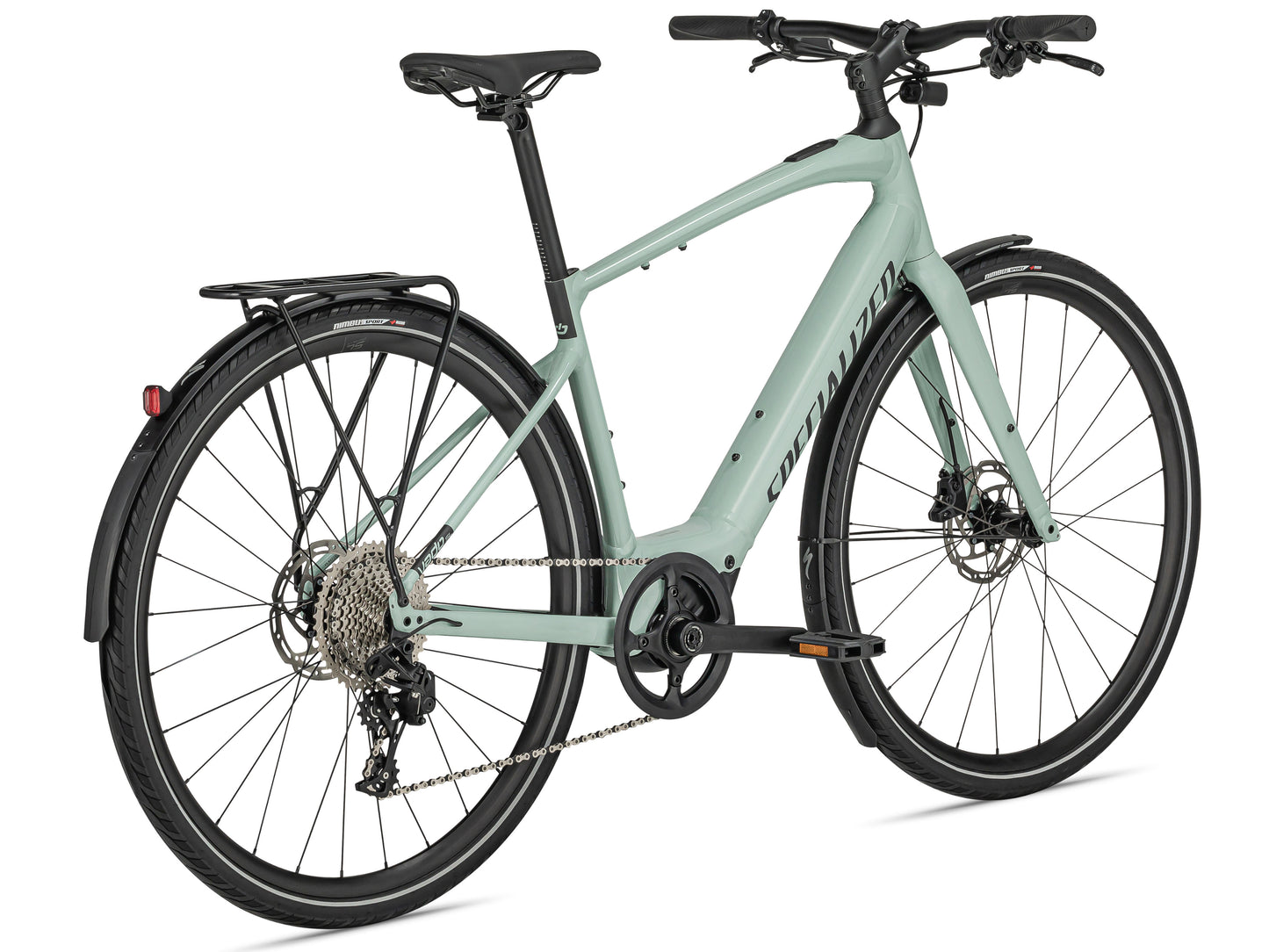 Specialized Turbo Vado SL 4.0 EQ eMTB White Sage Black reflective back right side profile on Fly Rides