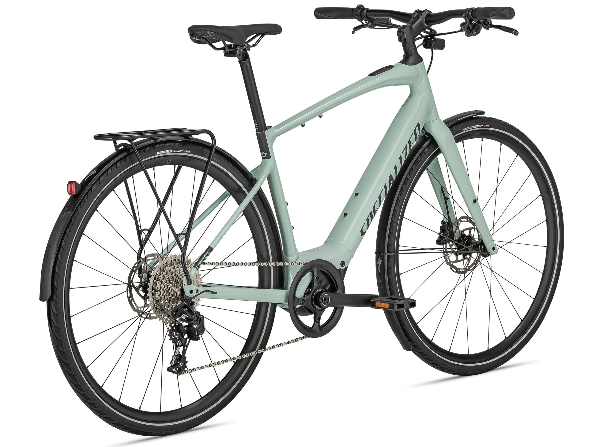 Specialized Turbo Vado SL 4.0 EQ eMTB White Sage Black reflective back right side profile on Fly Rides