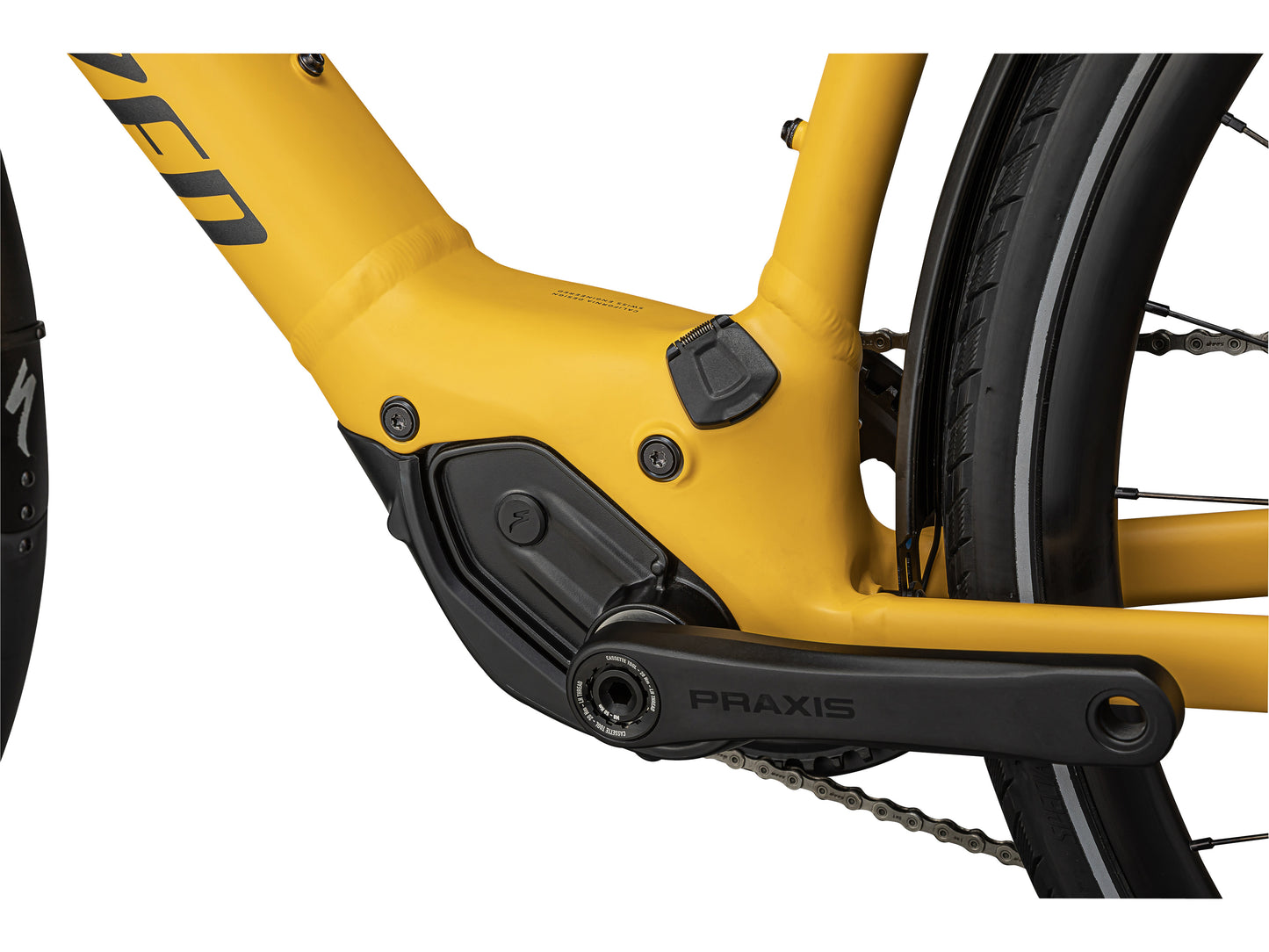 Specialized Turbo Vado SL 5.0 EQ eMTB Brassy Yellow Black Reflective closeup motor crankset