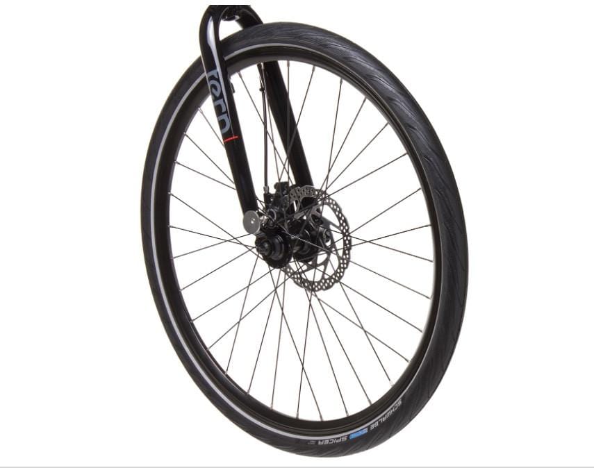 Tern Eclipse D16 electric bike satin gunmetal close up front wheel on Fly rides