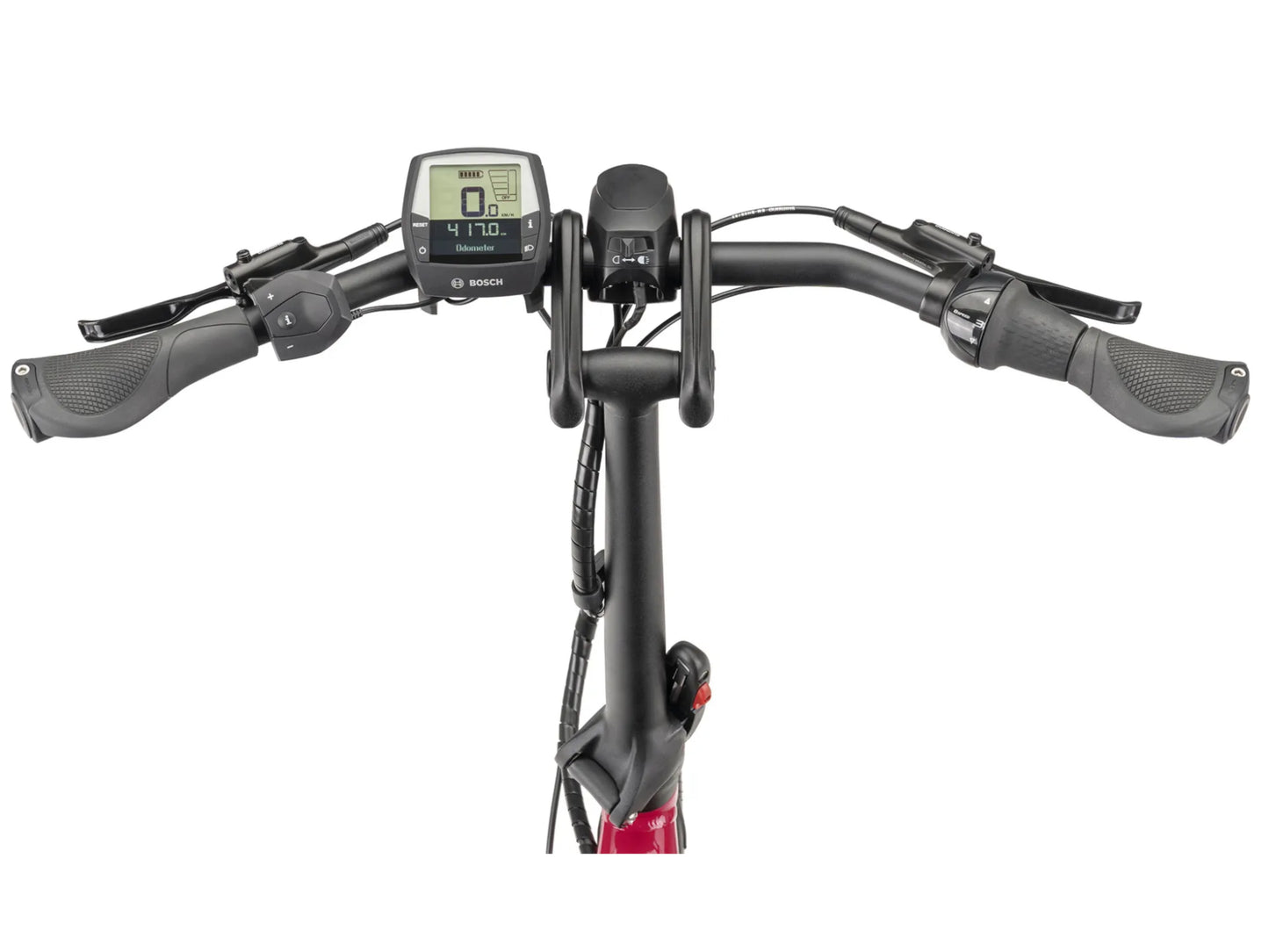 Tern NBD P8i electric cargo bike close up cockpit handlebars display