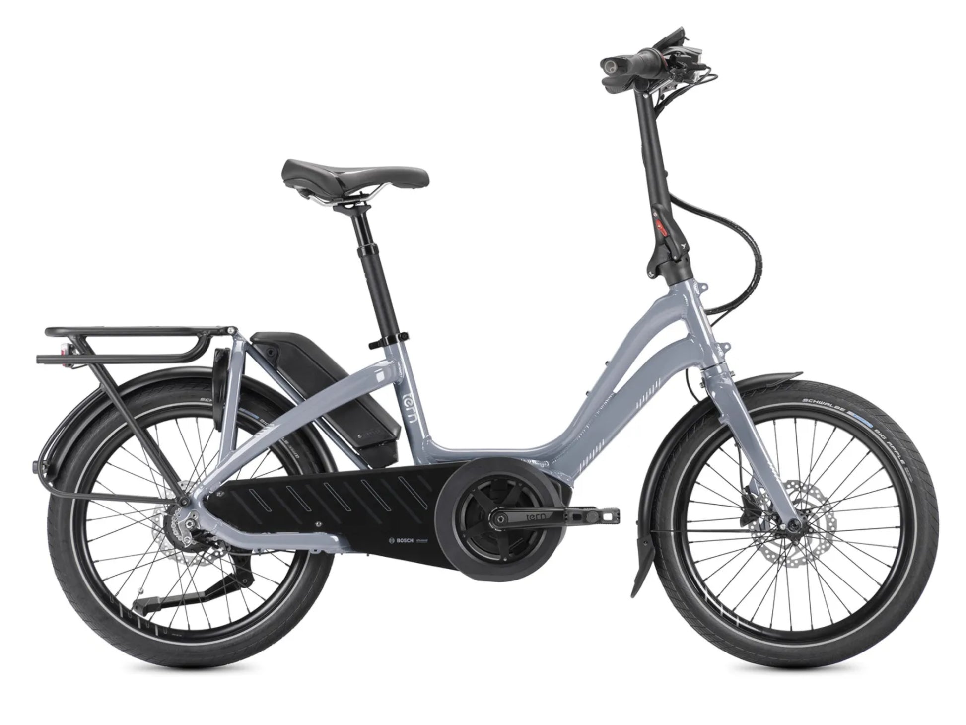 Tern NBD P8i electric cargo bike silver blue side profile on Fly Rides