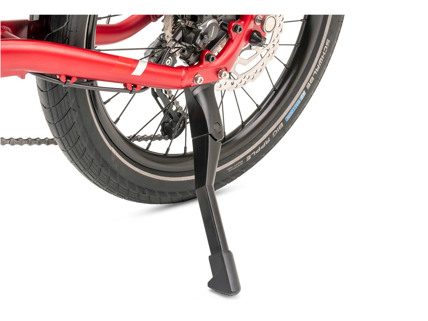 Tern Vektron Q9 electric bike satin red close up kickstand on Fly Rides