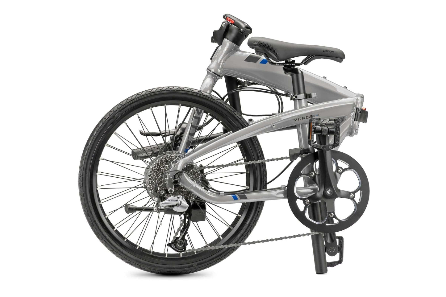 Tern Verge D9 folding bike silver folded on Fly Rides