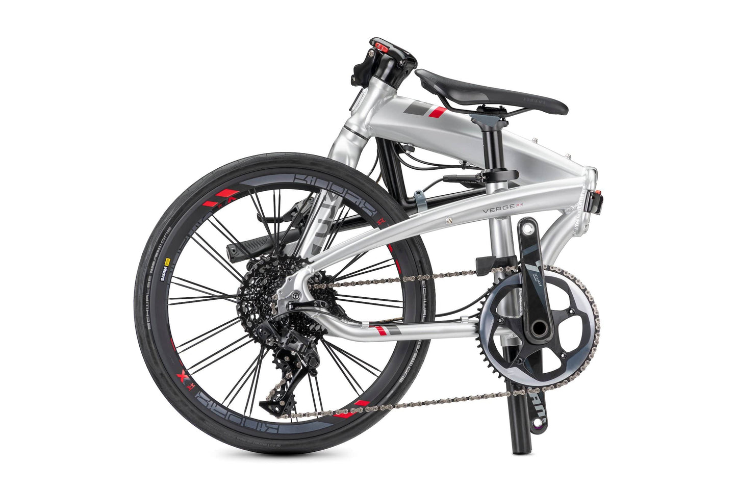 Tern Verge X11 folding bike chrome red folded on Fly Rides