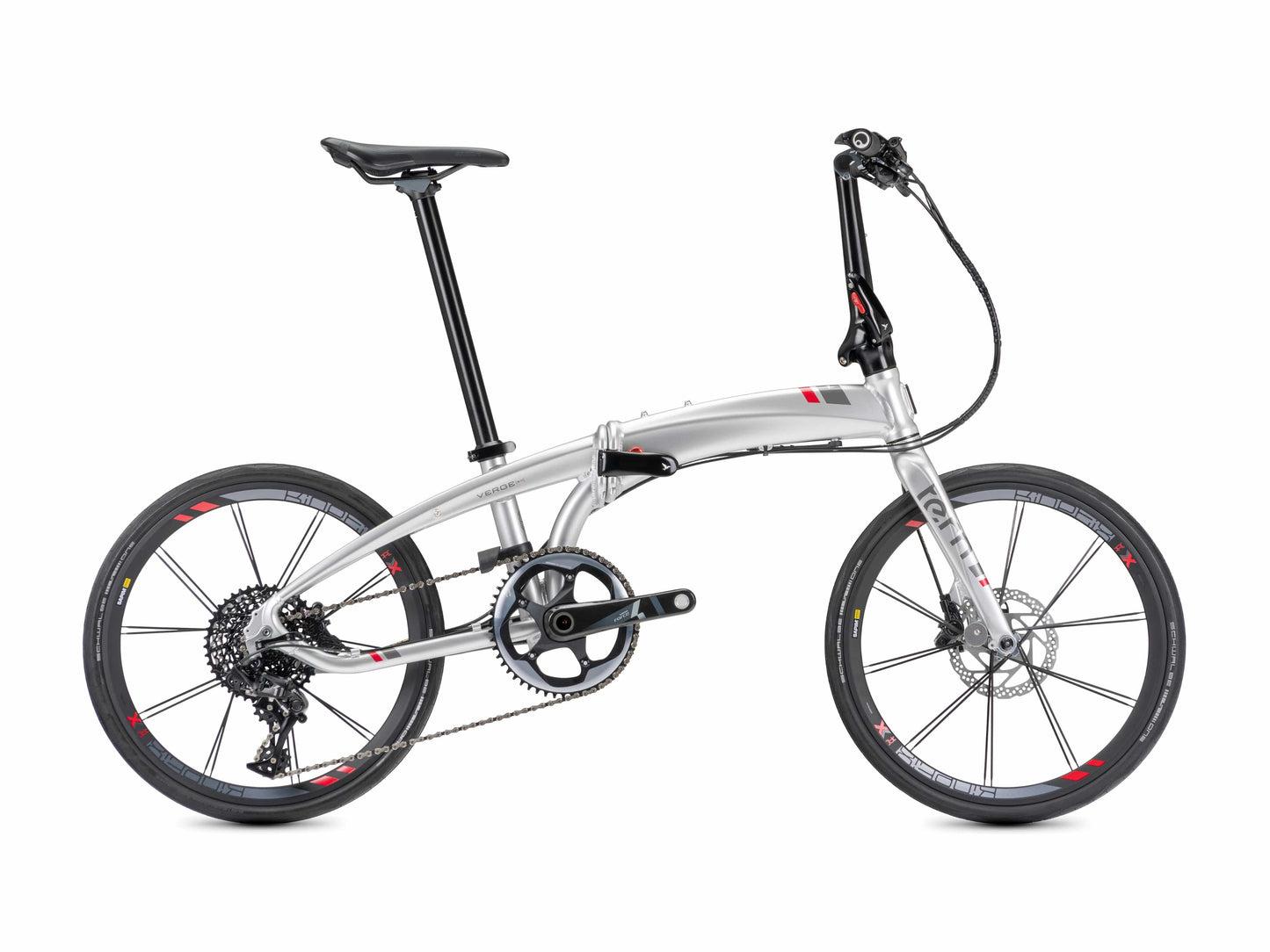Tern Verge X11 folding bike chrome red side view on Fly Rides