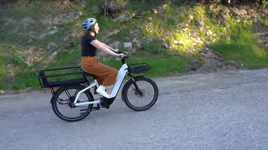 Riese & Muller Multicharger Cargo eBike woman riding down street on Fly Rides