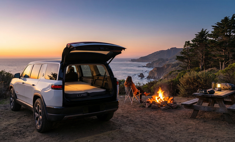 Luno vehicle mattress at a coastal campsite — adventure base camp gear