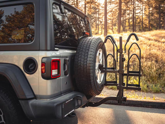 Aventon Hitch Rack Shown on a Jeep, folded no bikes