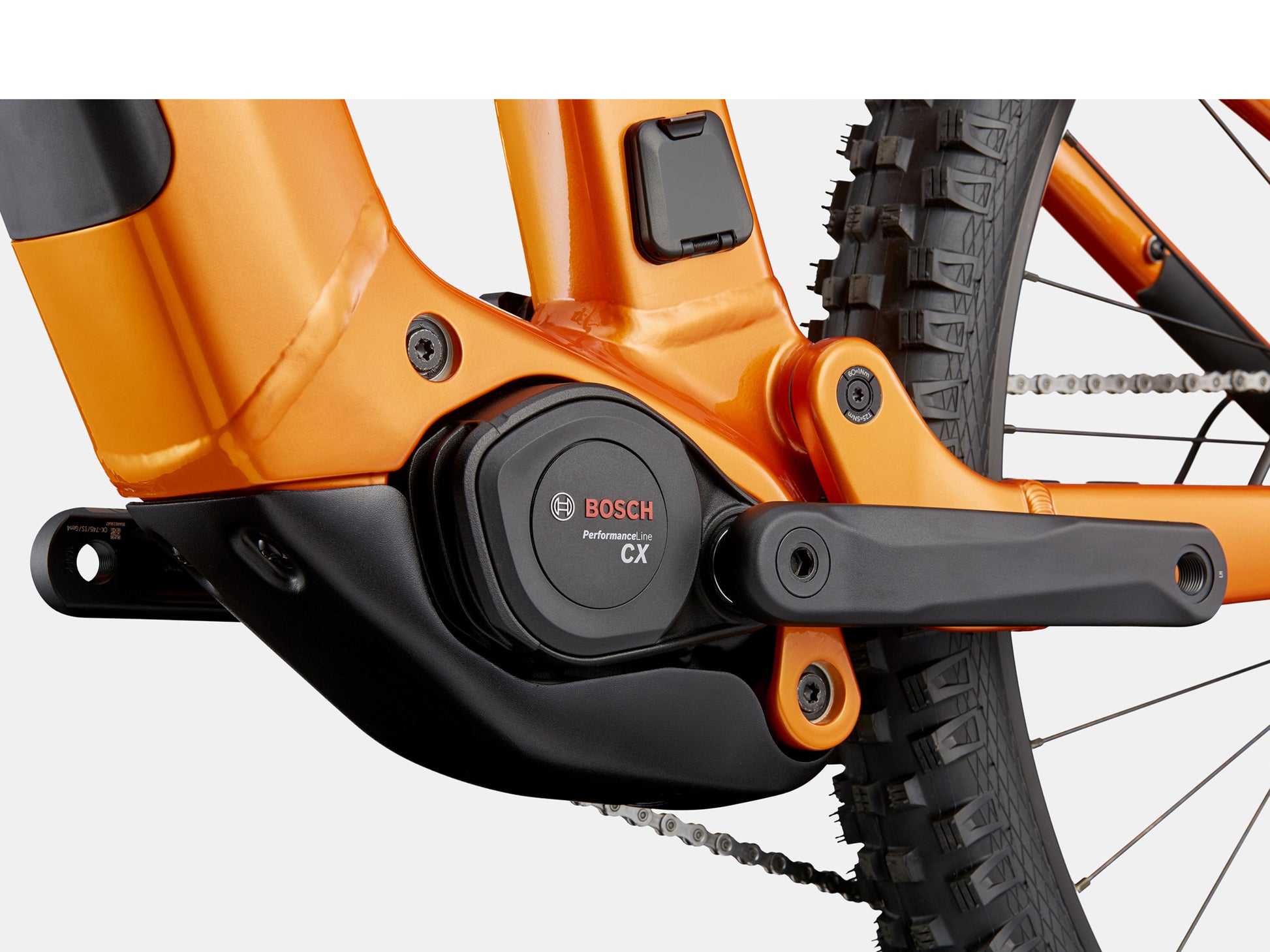 Cannondale Moterra 4 Full suspension eMTB Tiger's eye Bosch motor closeup
