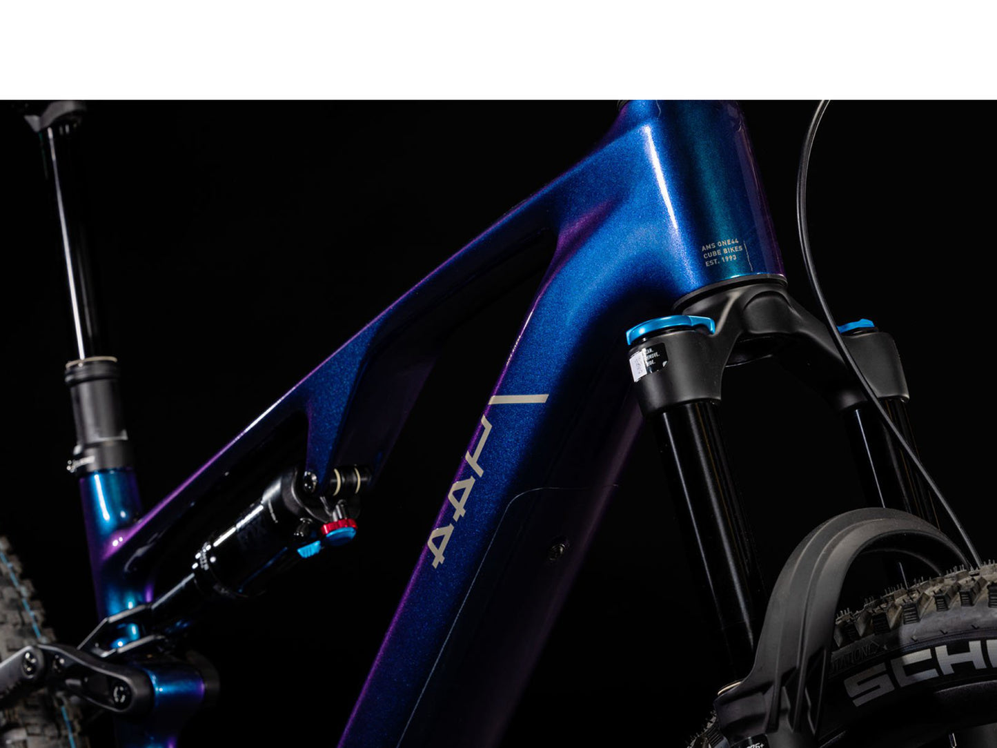 Cube AMS Hybrid One44 SLX Lightweight Full suspension eMTB Deepcobalt 'n' black closeup of fork. Rear facing view
