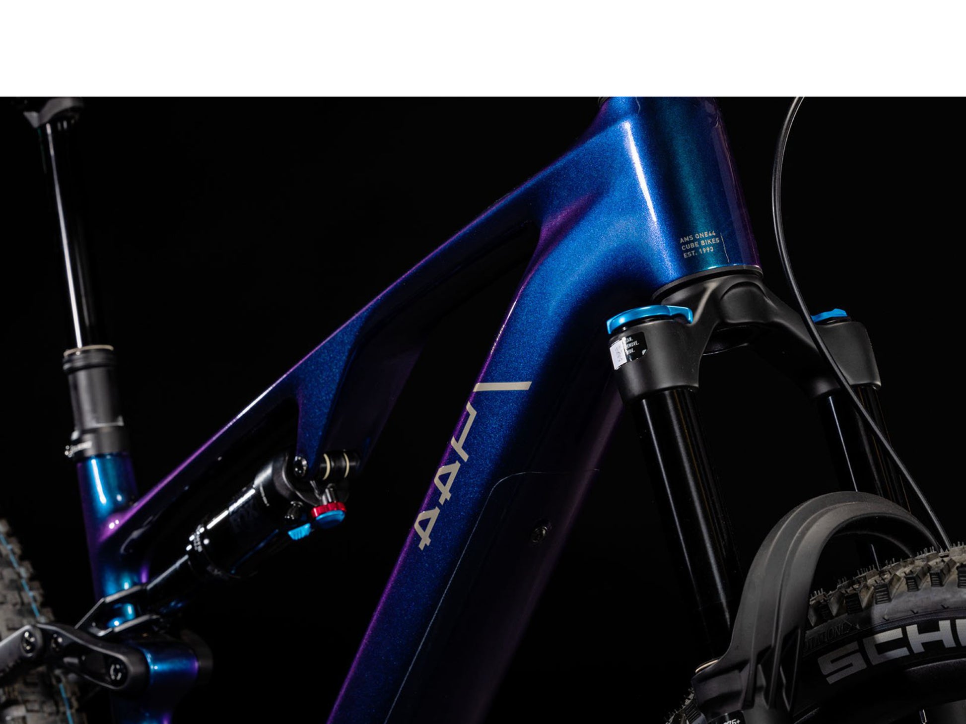 Cube AMS Hybrid One44 SLX Lightweight Full suspension eMTB Deepcobalt 'n' black closeup of fork. Rear facing view
