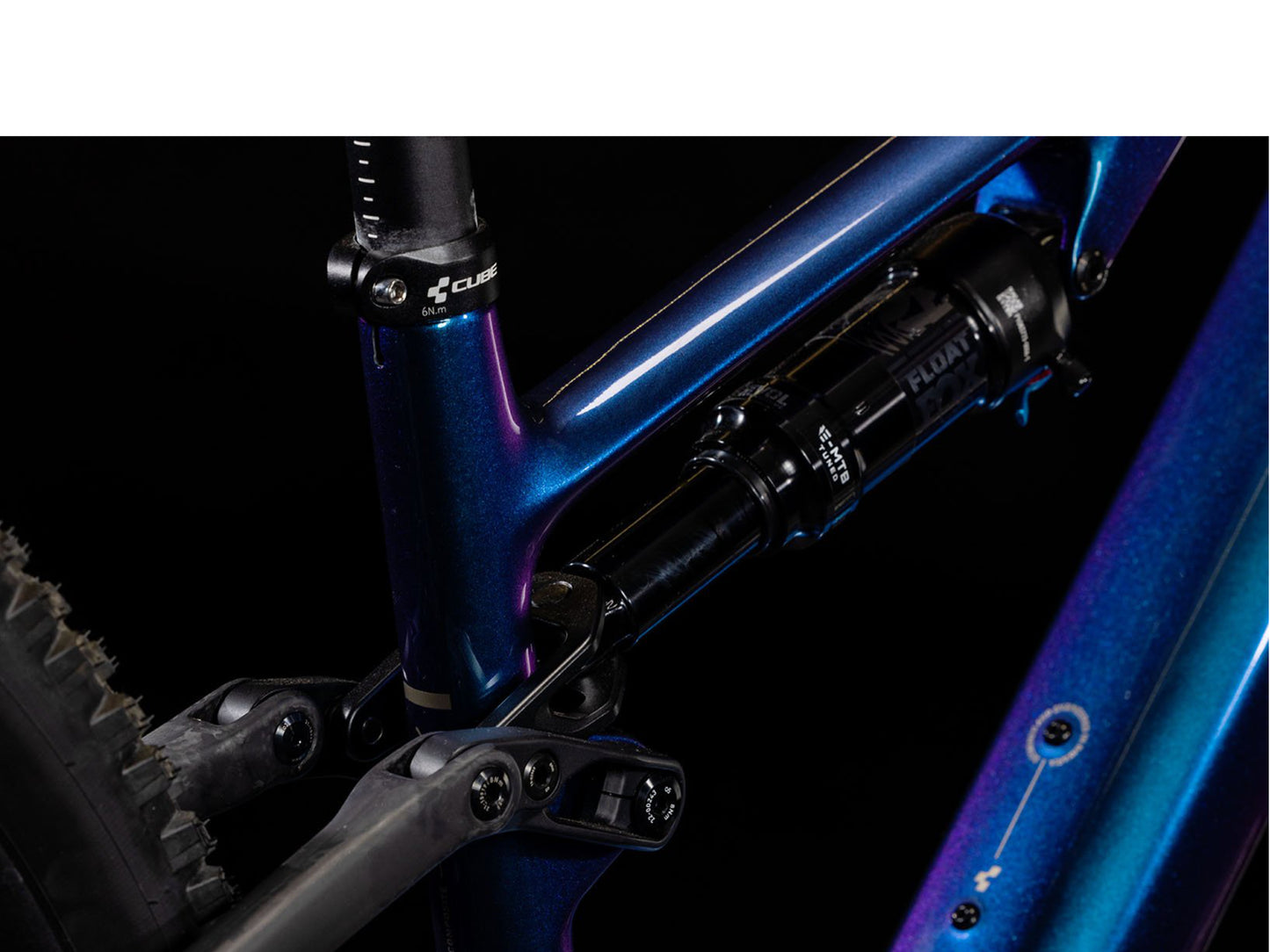 Cube AMS Hybrid One44 SLX Lightweight Full suspension eMTB Deepcobalt 'n' black closeup of rear shock
