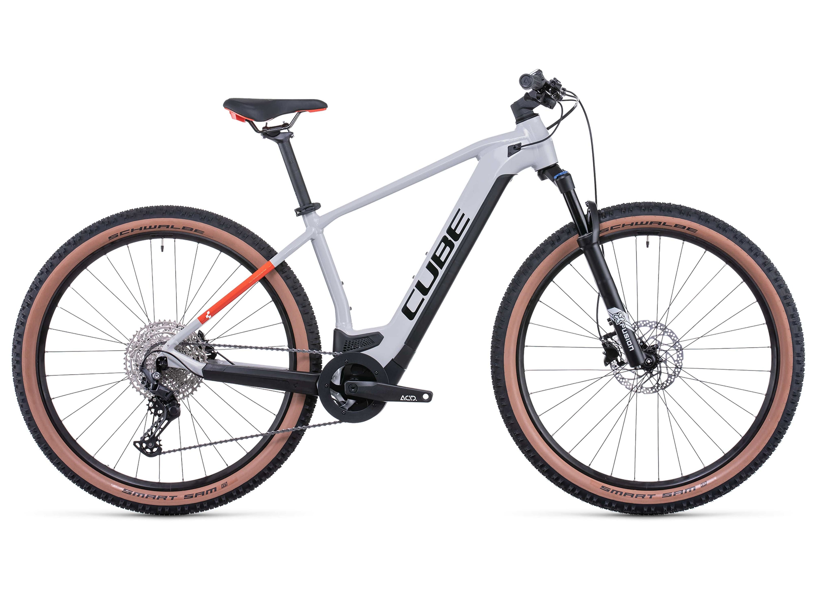 Cube Reaction Hybrid Pro 500 hardtail eMTB in Grey n' red side view on Fly Rides