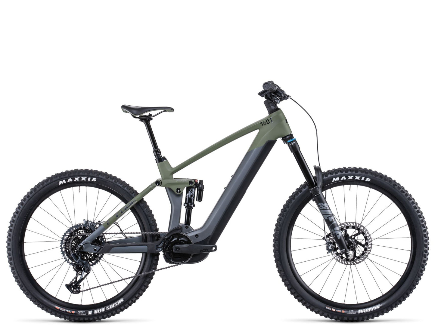 Cube Stereo Hybrid 160 HPC TM 750 eMTB full Suspension flashgrey n olive side profile on Fly Rides