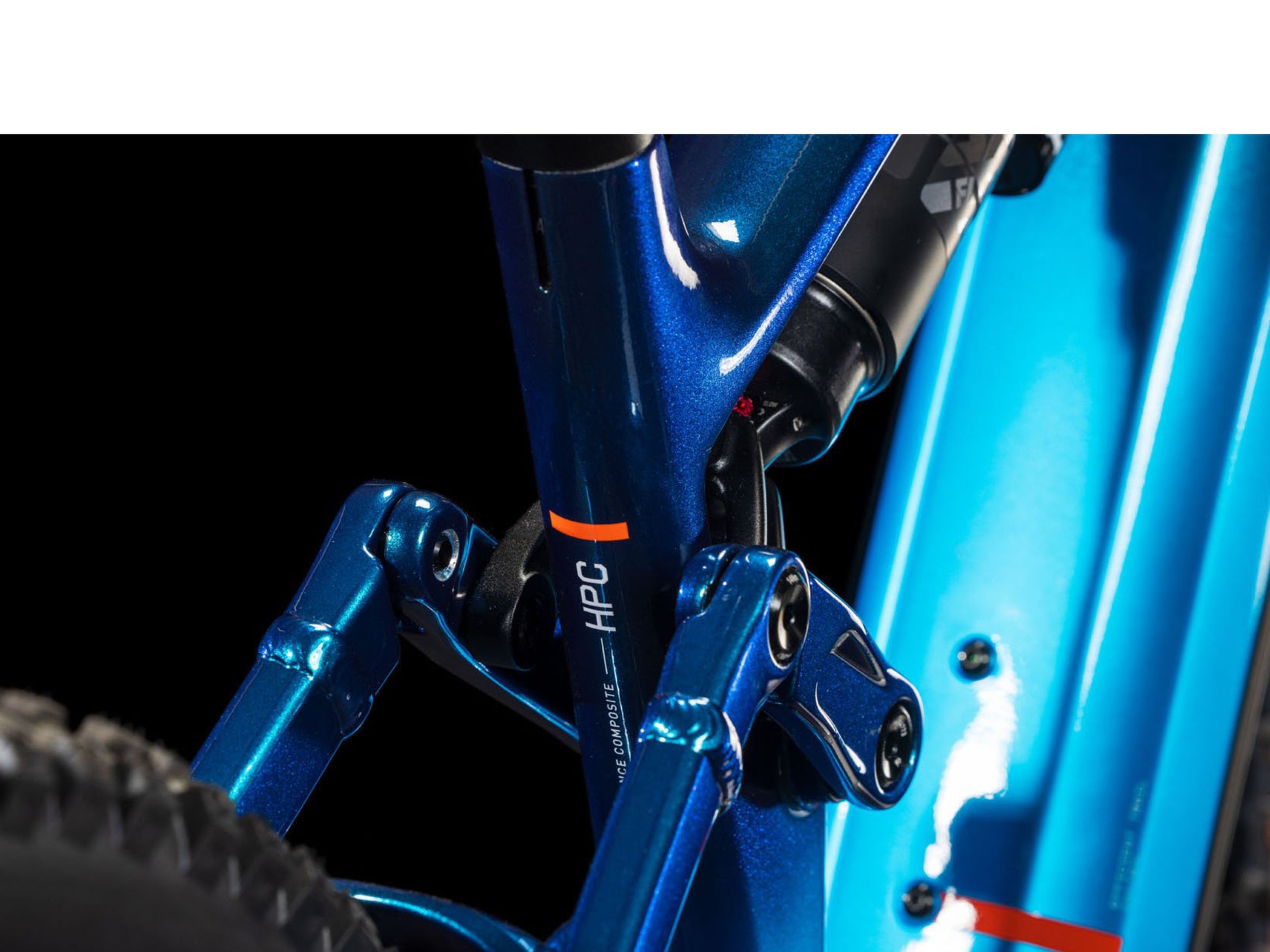 Cube Stereo Hybrid One77 AT Full Suspension eMTB Actionteam Rear shock and linkage closeup