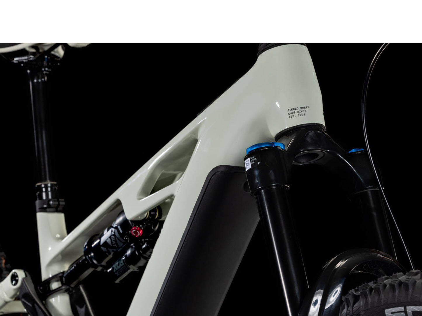 Cube Stereo Hybrid One77 HPC SLX 800 Full suspension eMTB desertstone 'n' black Rear shock Rear facing view