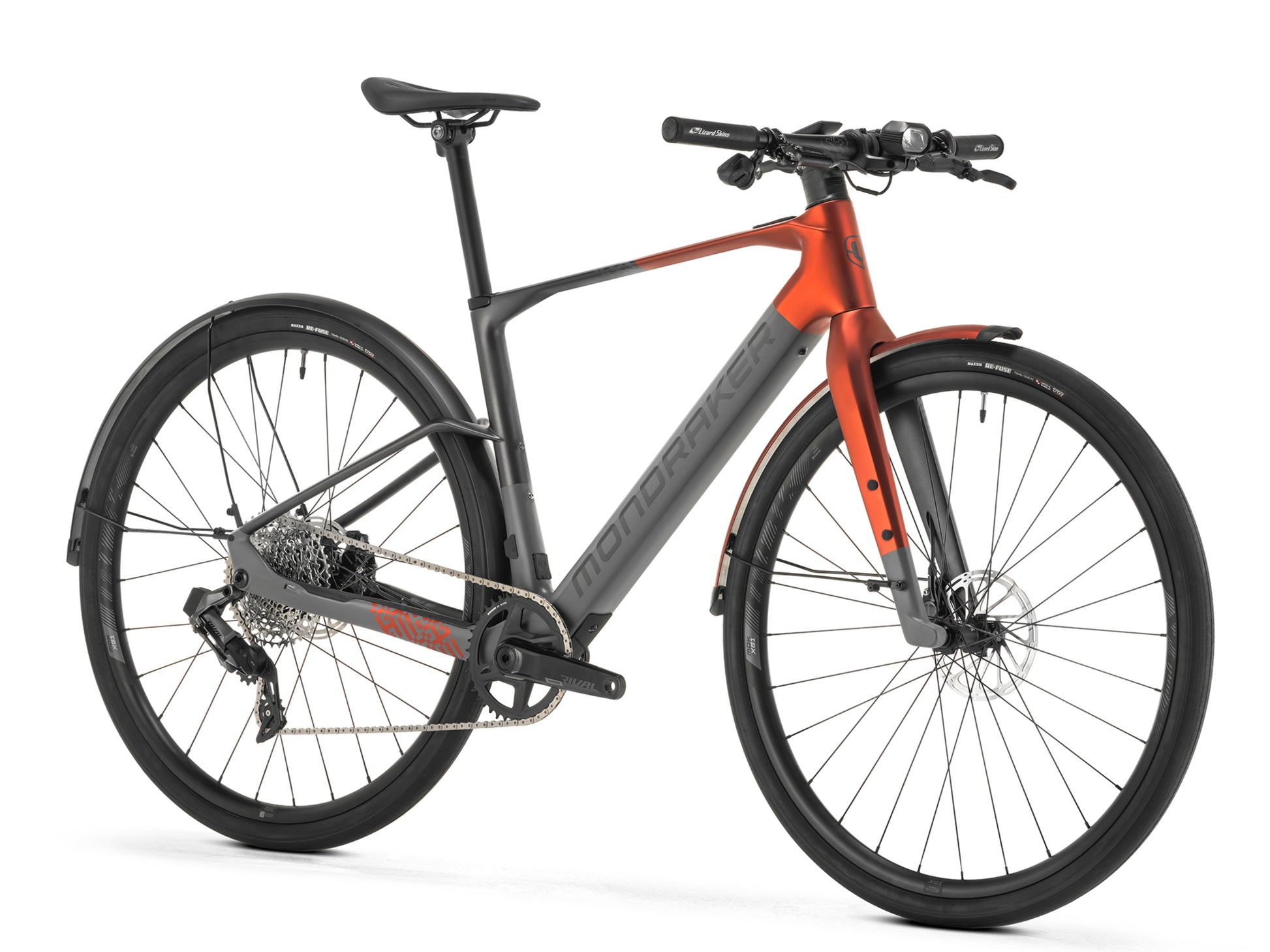 Mondraker Dusty RX Gravel ebike Nimbus grey / metallic red Forward facing view