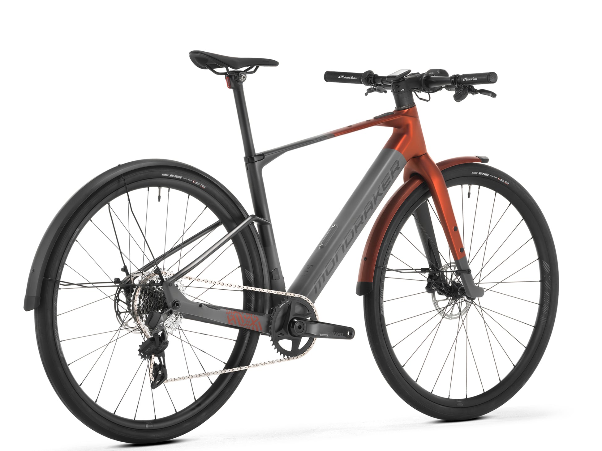 Mondraker Dusty RX Gravel ebike Nimbus grey / metallic red Rear facing view