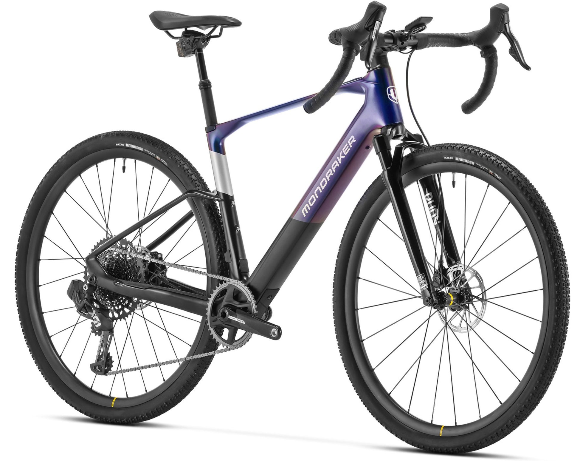 Mondraker Dusty XR Gravel Electric bike Purple / black / silver Forward facing view