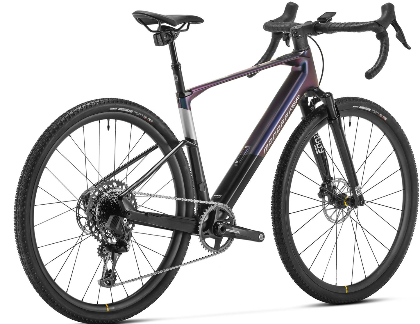 Mondraker Dusty XR Gravel Electric bike Purple / black / silver Rear facing view