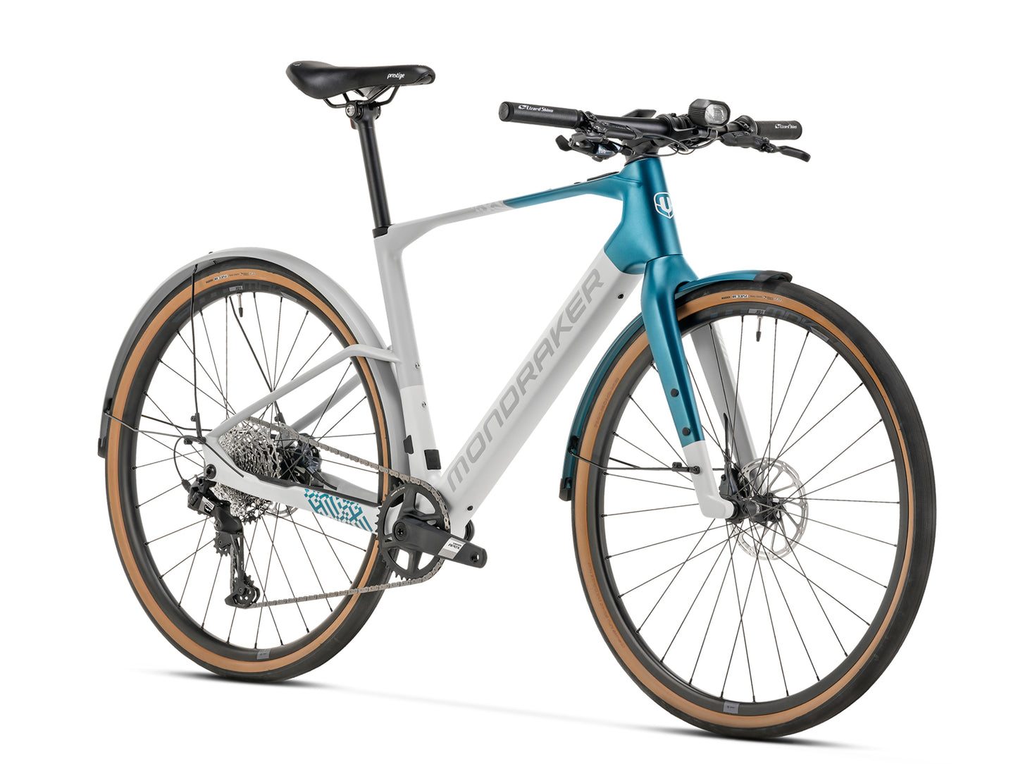 Mondraker Dusty X gravel ebike Bunker grey / metallic teal Rear facing view