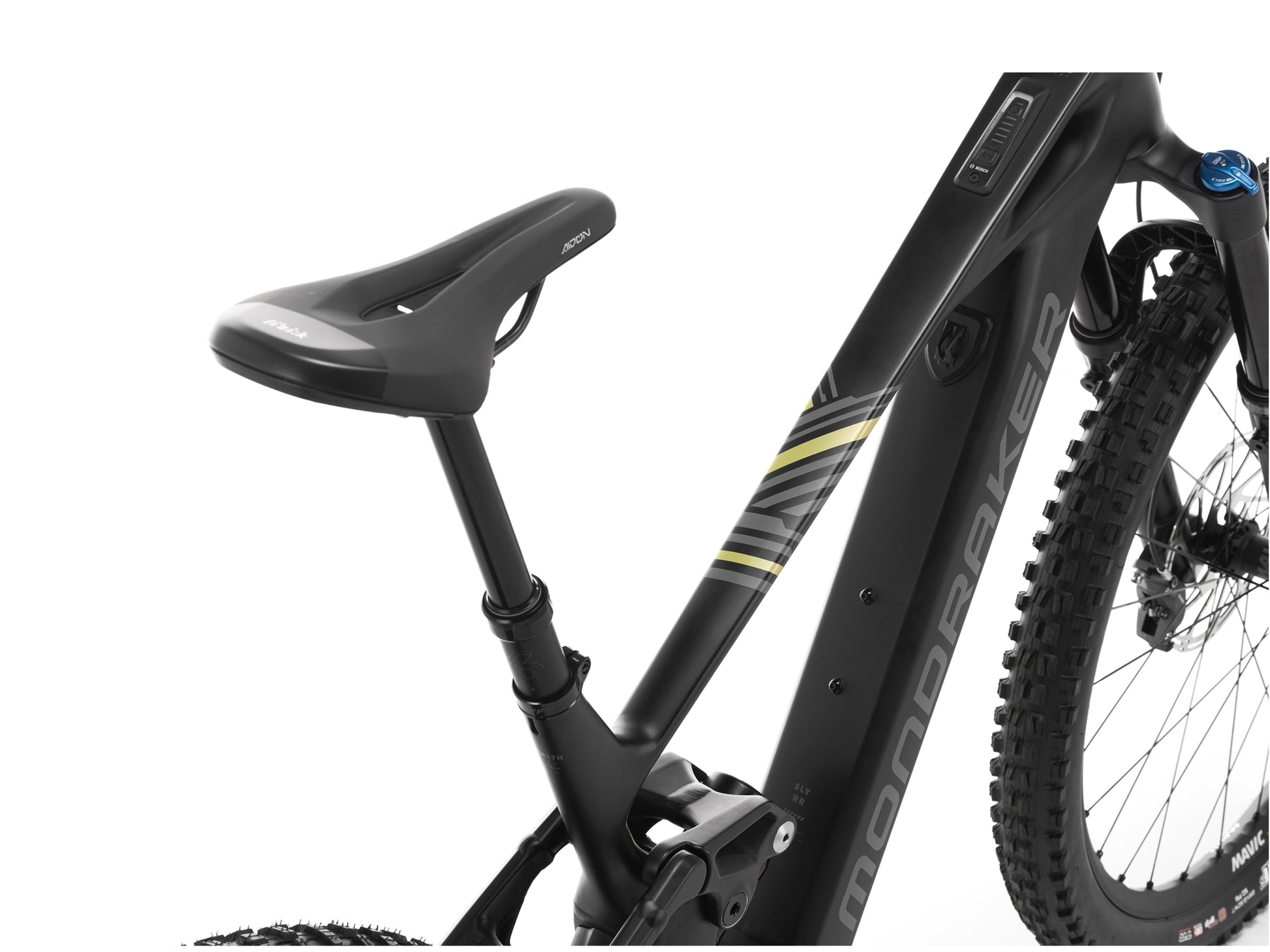 Mondraker Sly RR eMTB Enduro Black / nimbus grey / tonic gold Closeup of saddle, seatpost, cockpit