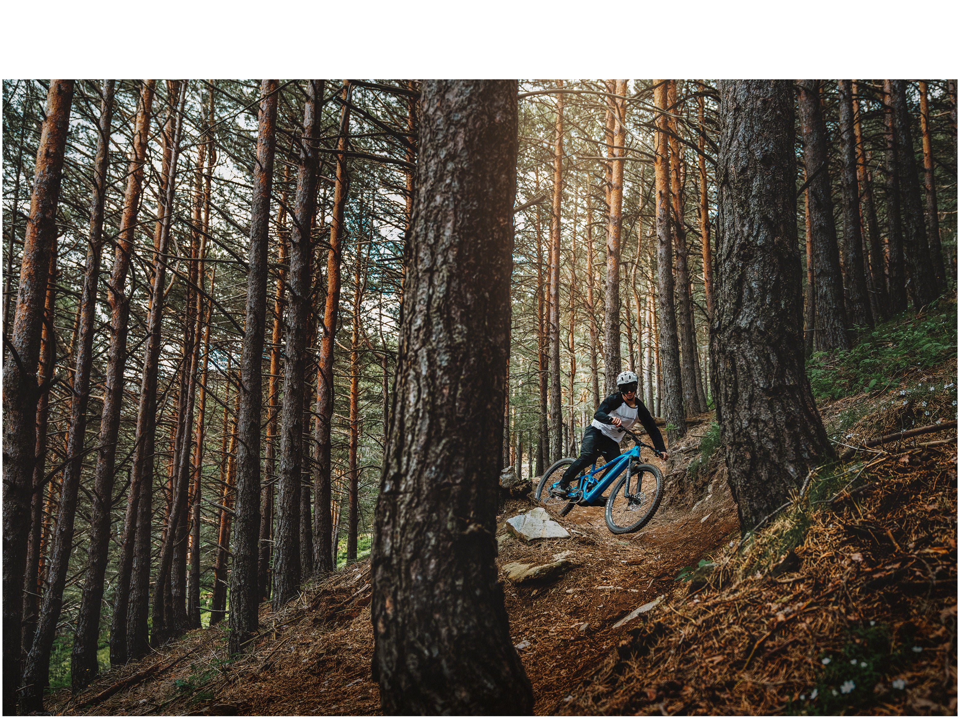 Mondraker Sly R Marlin blue eMTB Lifestyle Rider on dirt packed tree lined trail