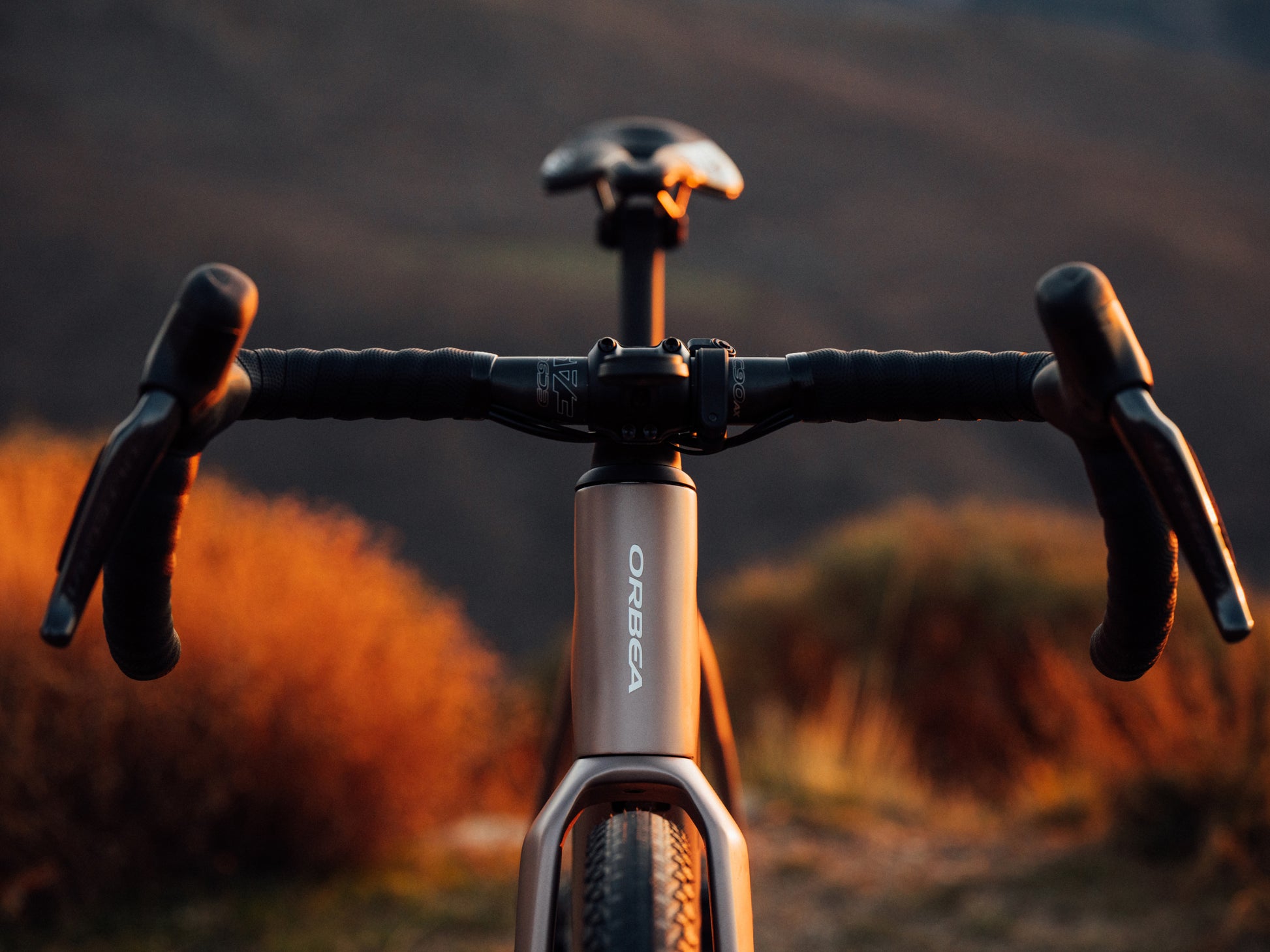 Orbea Denna Gravel Road / commuter Electric bike Nickel matte / carbon raw gloss Forward view | Handlebars, stem, shifters, seatpost, beauty closeup