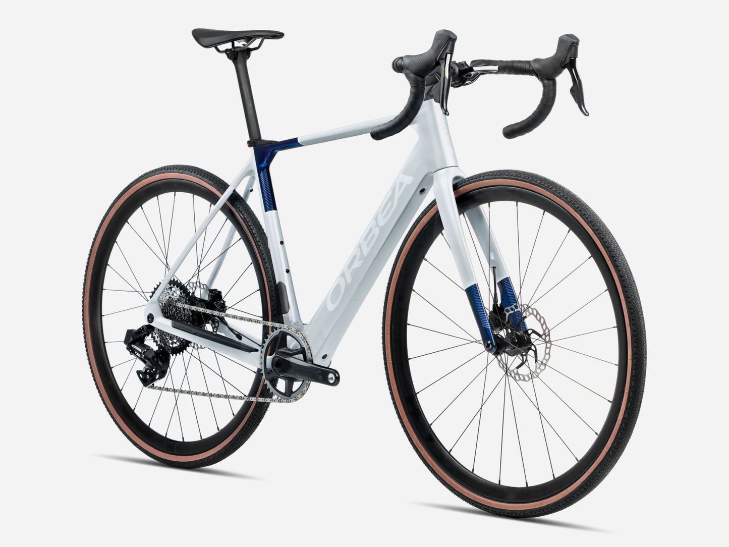 Orbea Gain M20I Gravel Road eBike Halo sIlver matte / blue carbon view gloss Forward facing view
