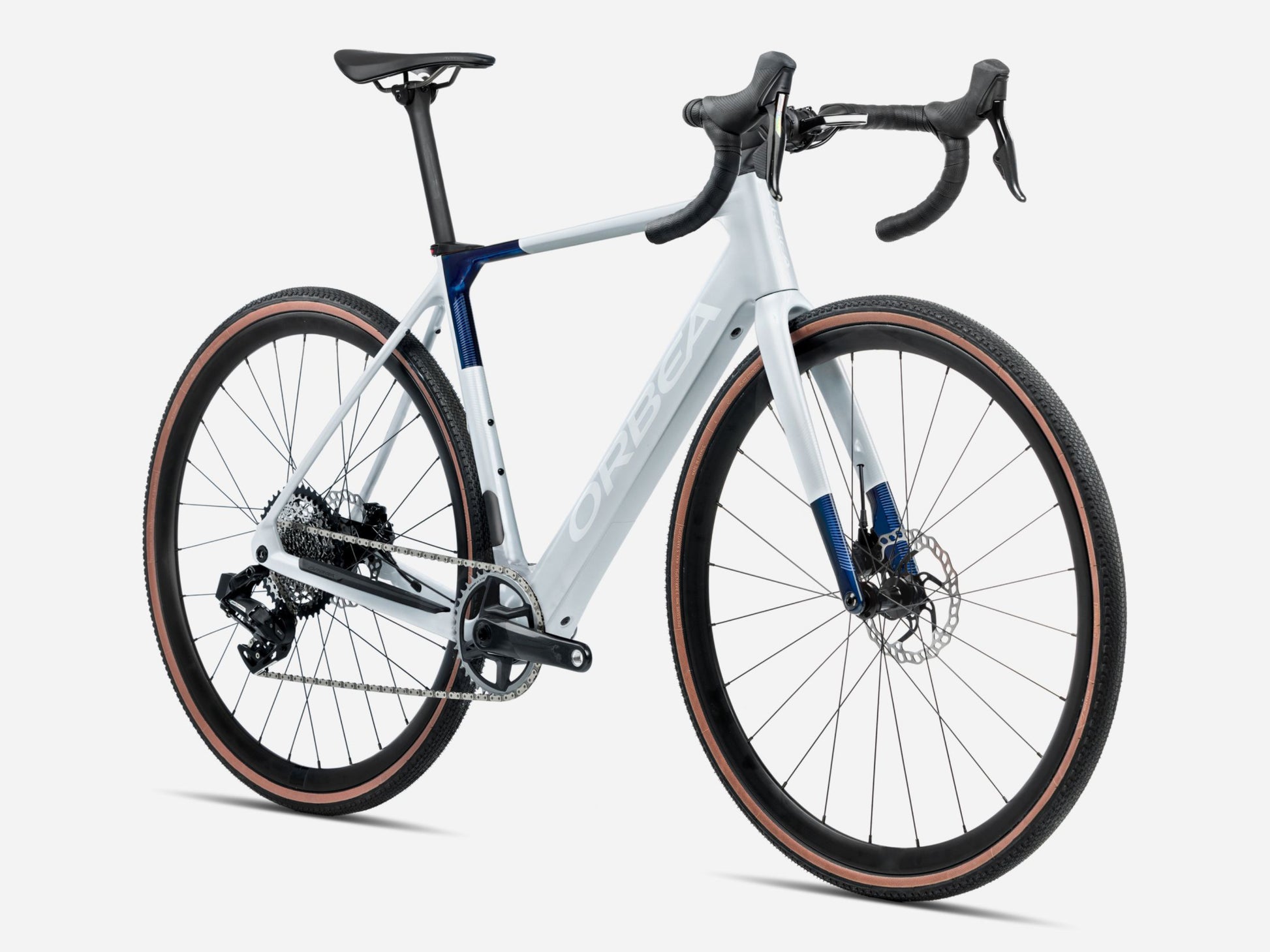 Orbea Gain M20I Gravel Road eBike Halo sIlver matte / blue carbon view gloss Forward facing view