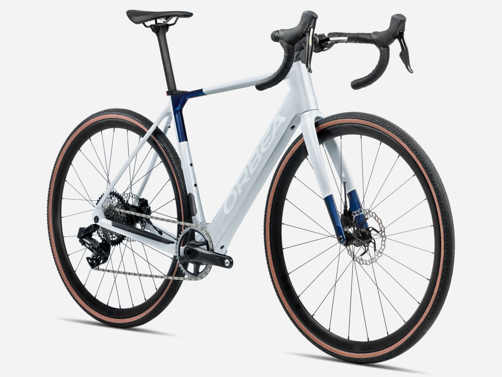 Orbea Gain M21E 1X Gravel Road eBike Halo sIlver matte / blue carbon view gloss Forward facing view