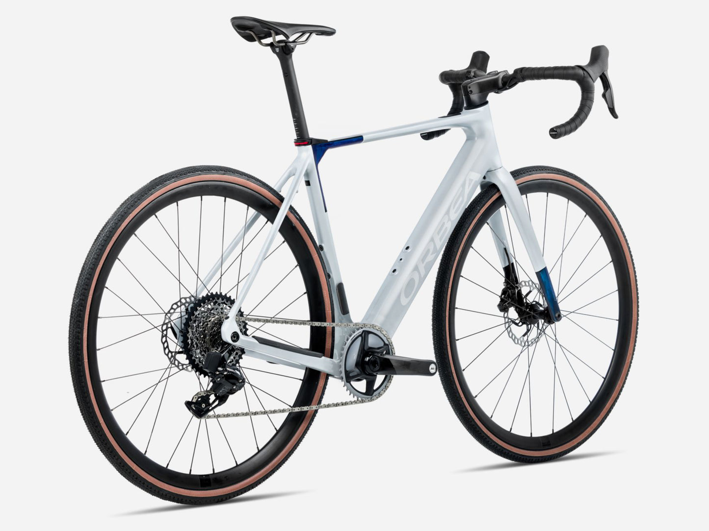 Orbea Gain M21E 1X Gravel  Road eBike Halo sIlver matte / blue carbon view gloss Rear facing view