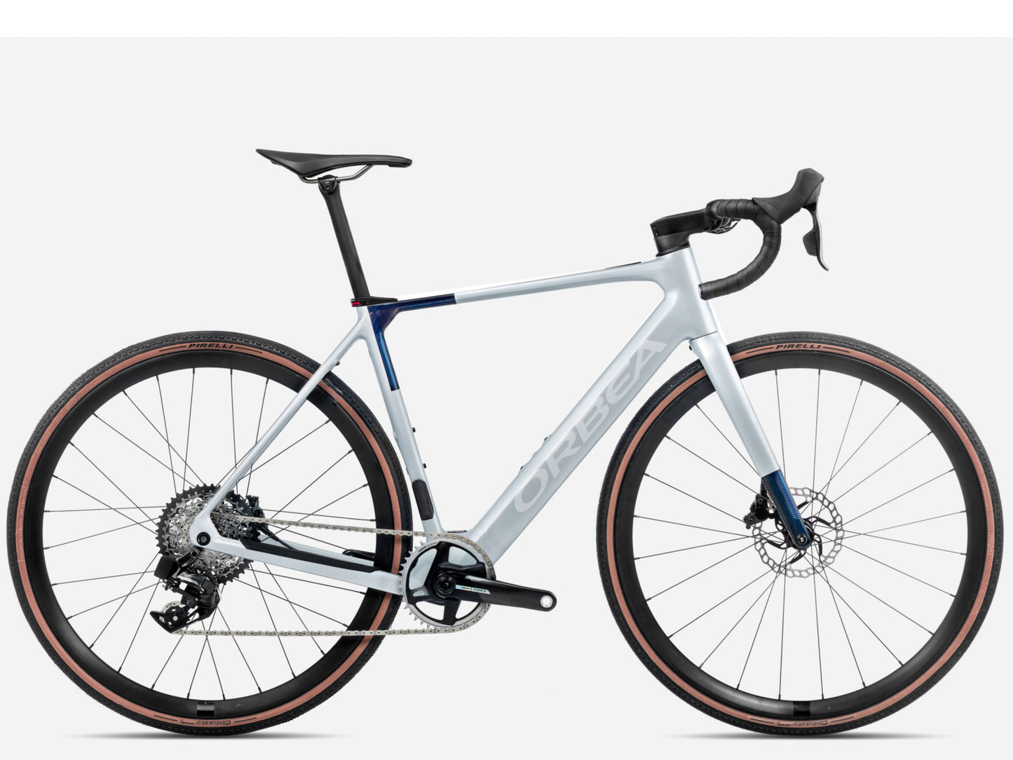 Orbea Gain M21E 1X Gravel Road eBike Halo sIlver matte / blue carbon view gloss Side view 