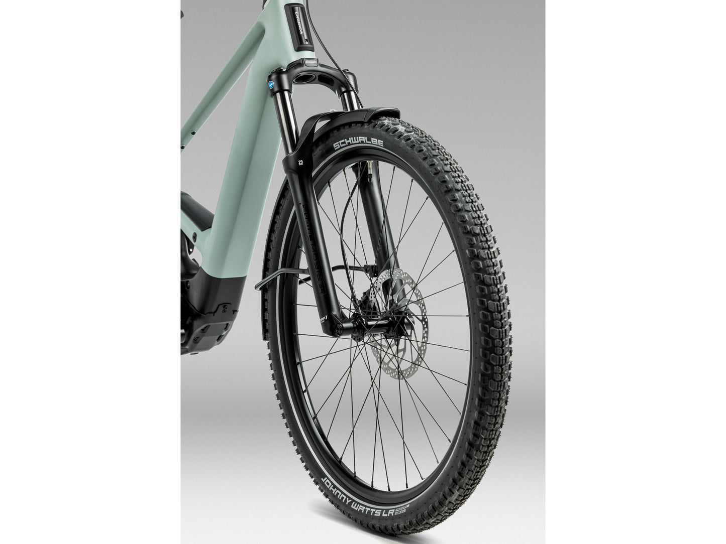 Orbea Muga 30 28MPH Blue stone / diamond black matte Mid step Road commuter Closeup of Front fork and Front tire