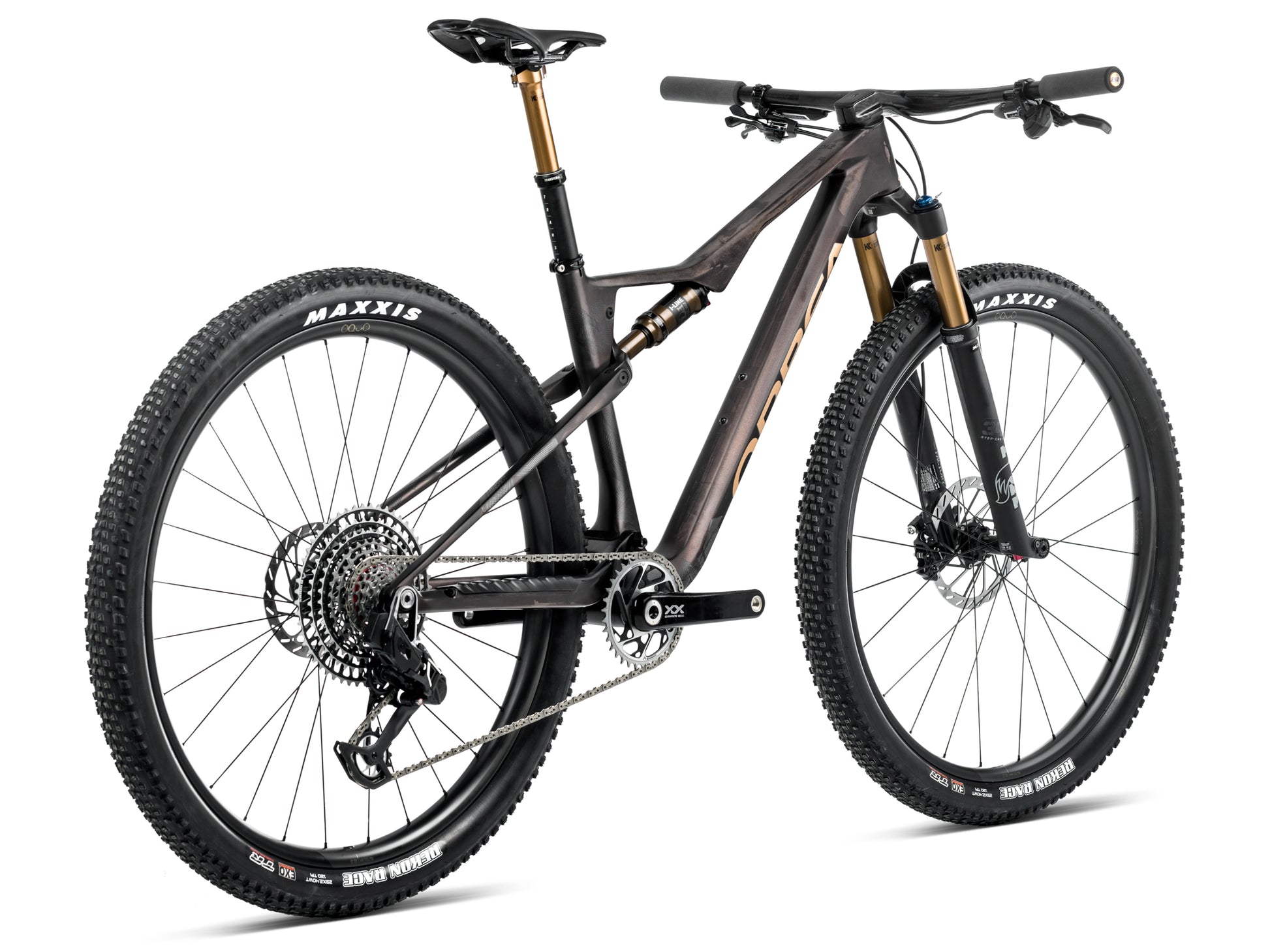Orbea Oiz M-LTD Full Suspension Mountain bike Bronze carbon view / titan gold matte gloss Rear facing view